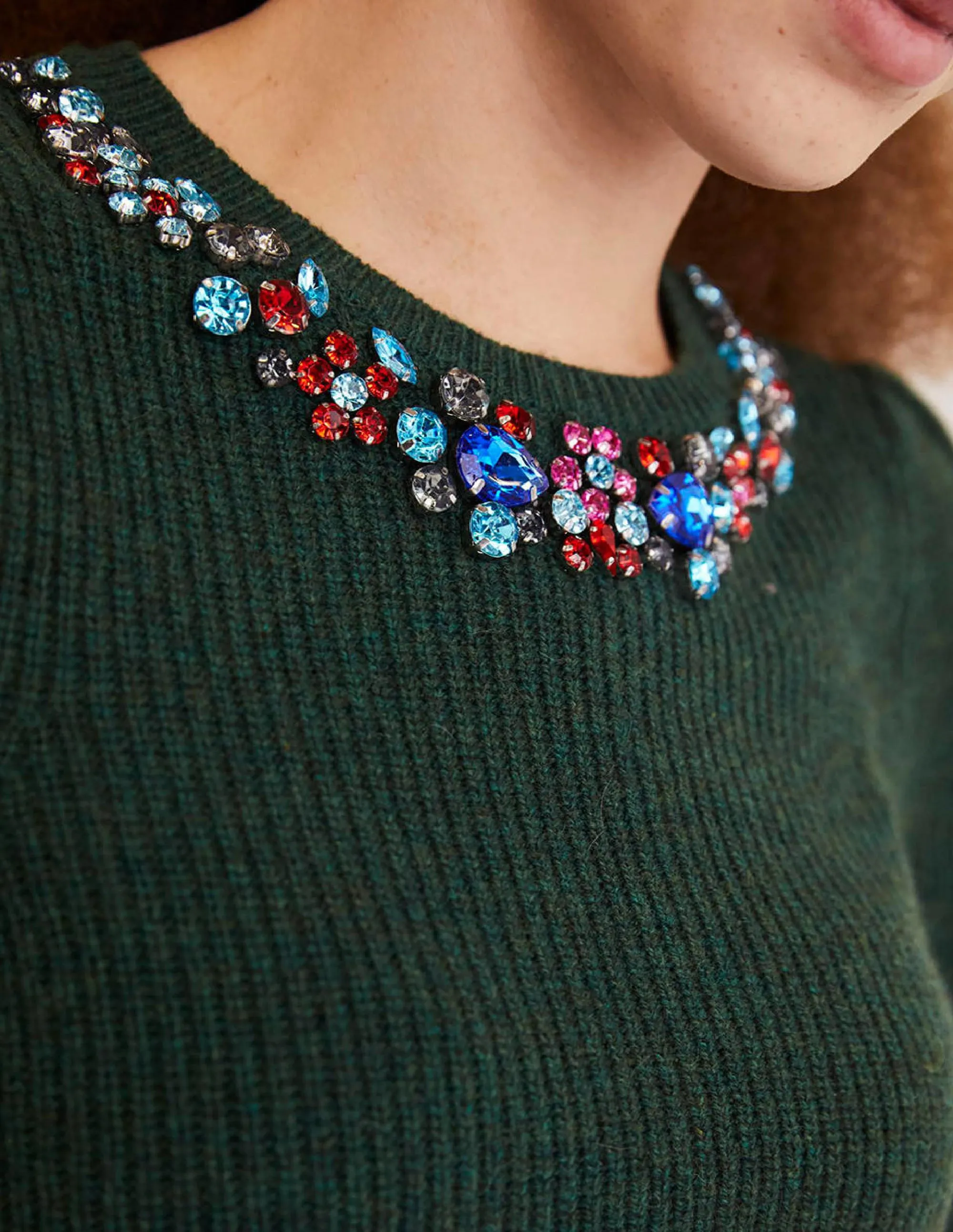 Embellished Party Jumper-Dark Green. Embellished Collar