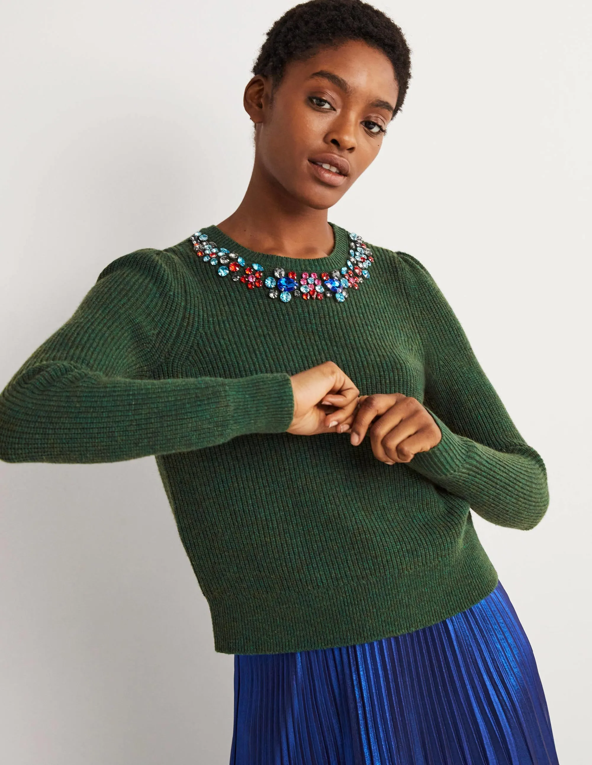 Embellished Party Jumper-Dark Green. Embellished Collar