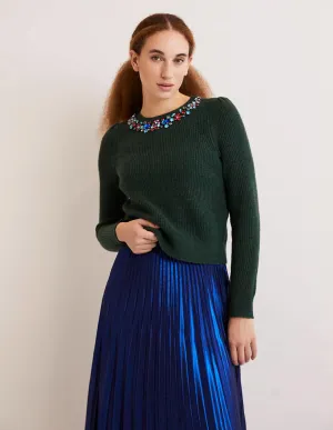Embellished Party Jumper-Dark Green. Embellished Collar