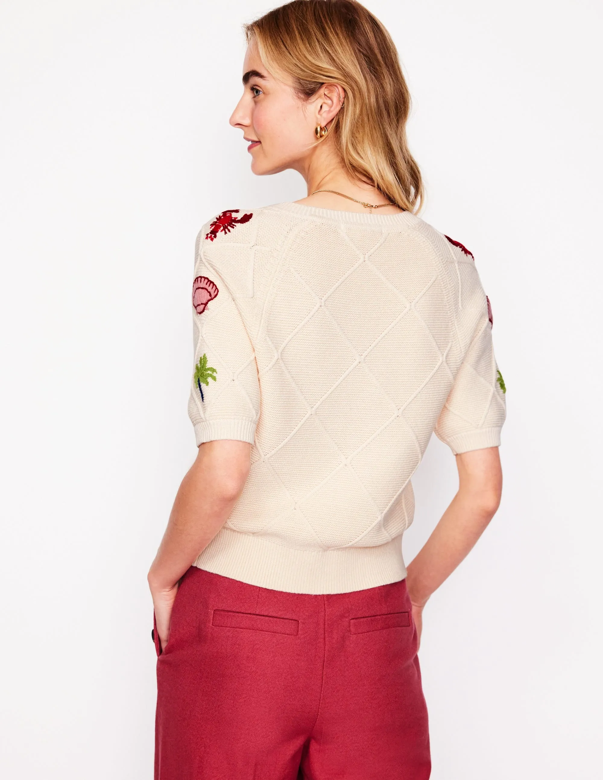 Embroidered T-Shirt Cardigan-Warm Ivory. Tropical Bonanza