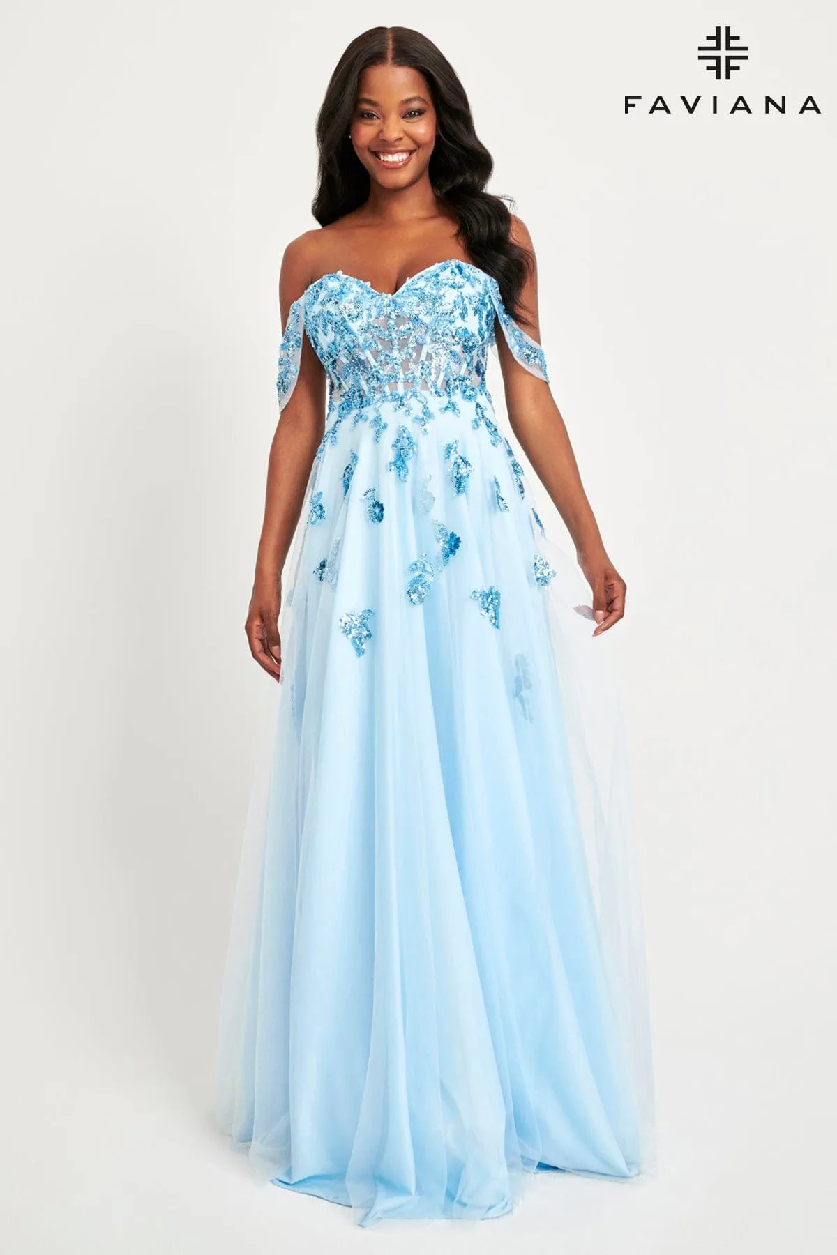 Faviana 11059 A Line Long Sequin Lace Formal Prom Dress