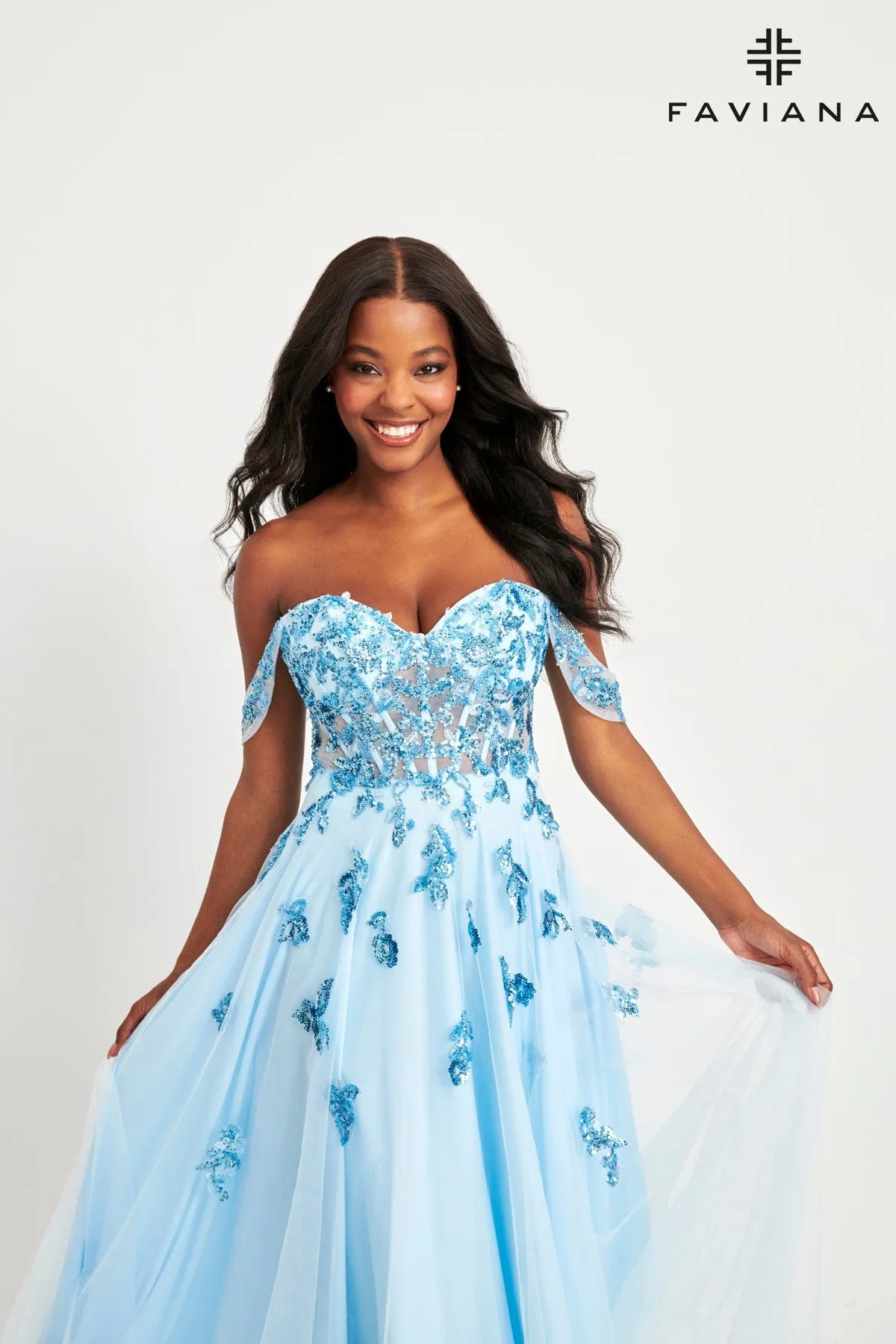 Faviana 11059 A Line Long Sequin Lace Formal Prom Dress
