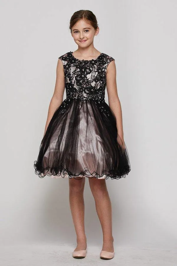 Flower Girls Capped Sleeve Lace and Tulle Short Party Dress