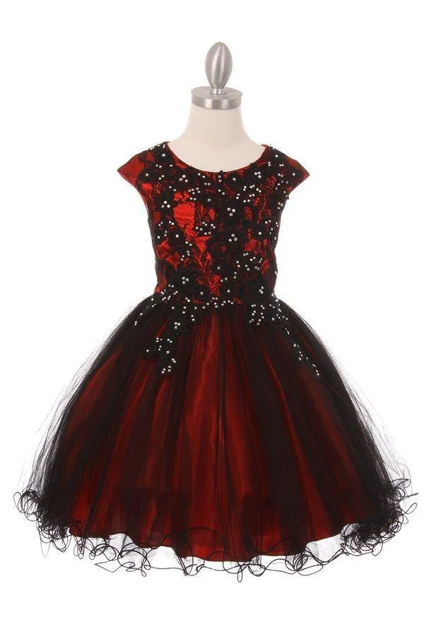 Flower Girls Capped Sleeve Lace and Tulle Short Party Dress