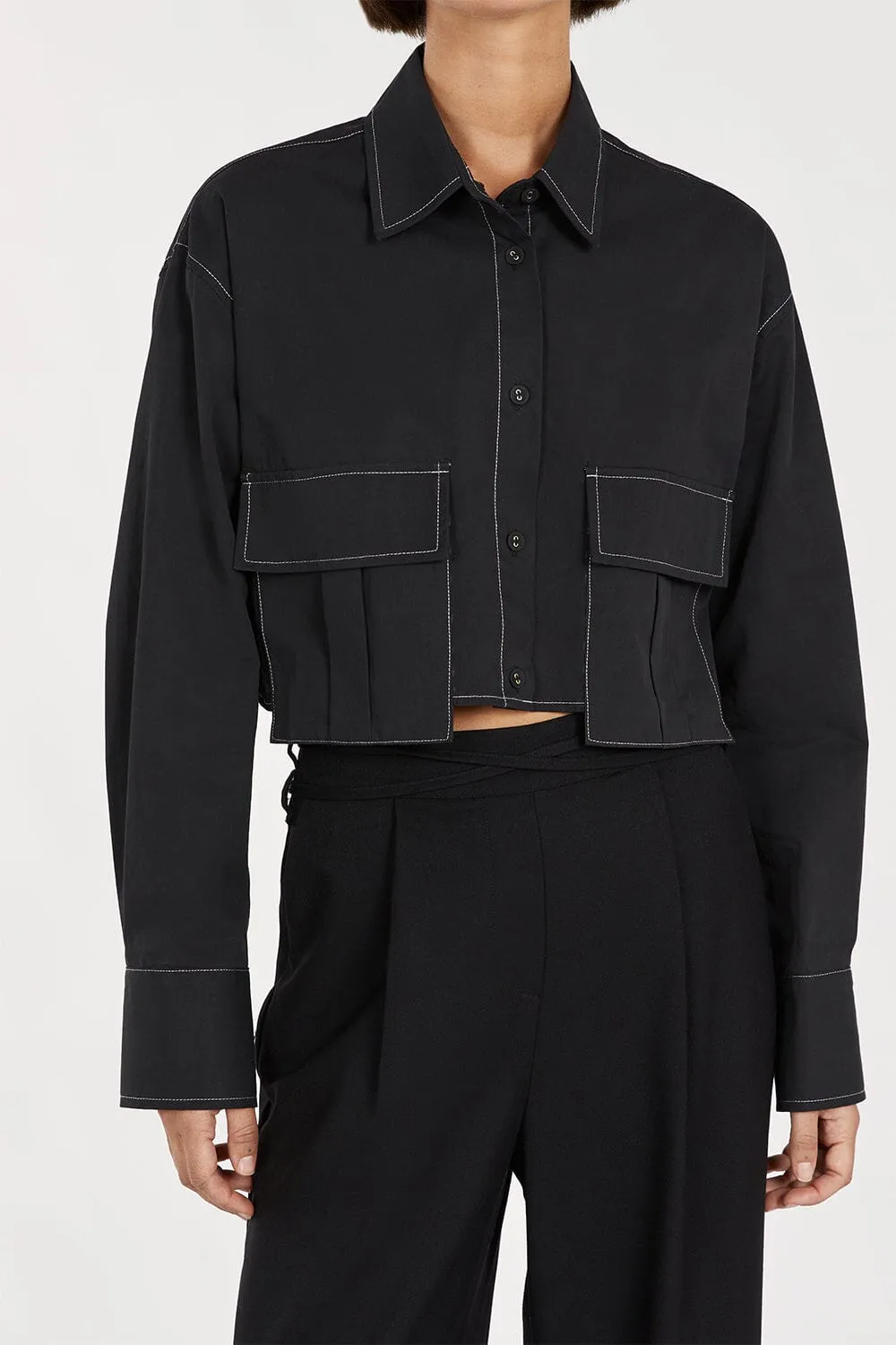 FRANKIE BLACK CROPPED POPLIN SHIRT