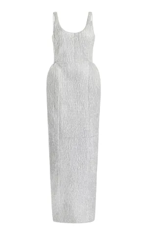 Girard Shirred Maxi Dress with Lining in Silver Metallic Nappa Leather