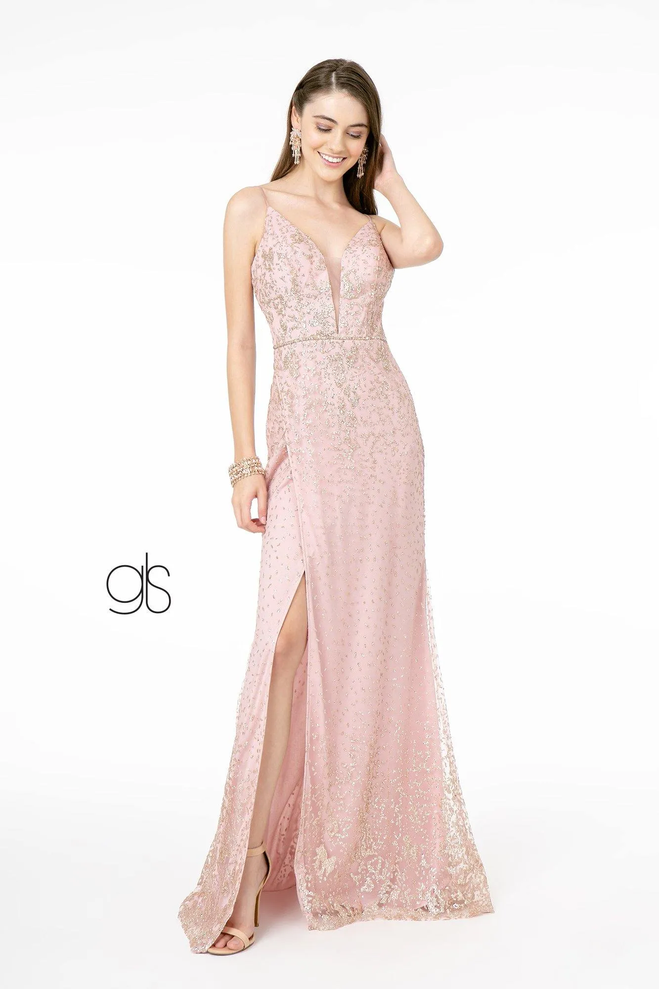 Glitter Mesh Illusion Long Prom Dress