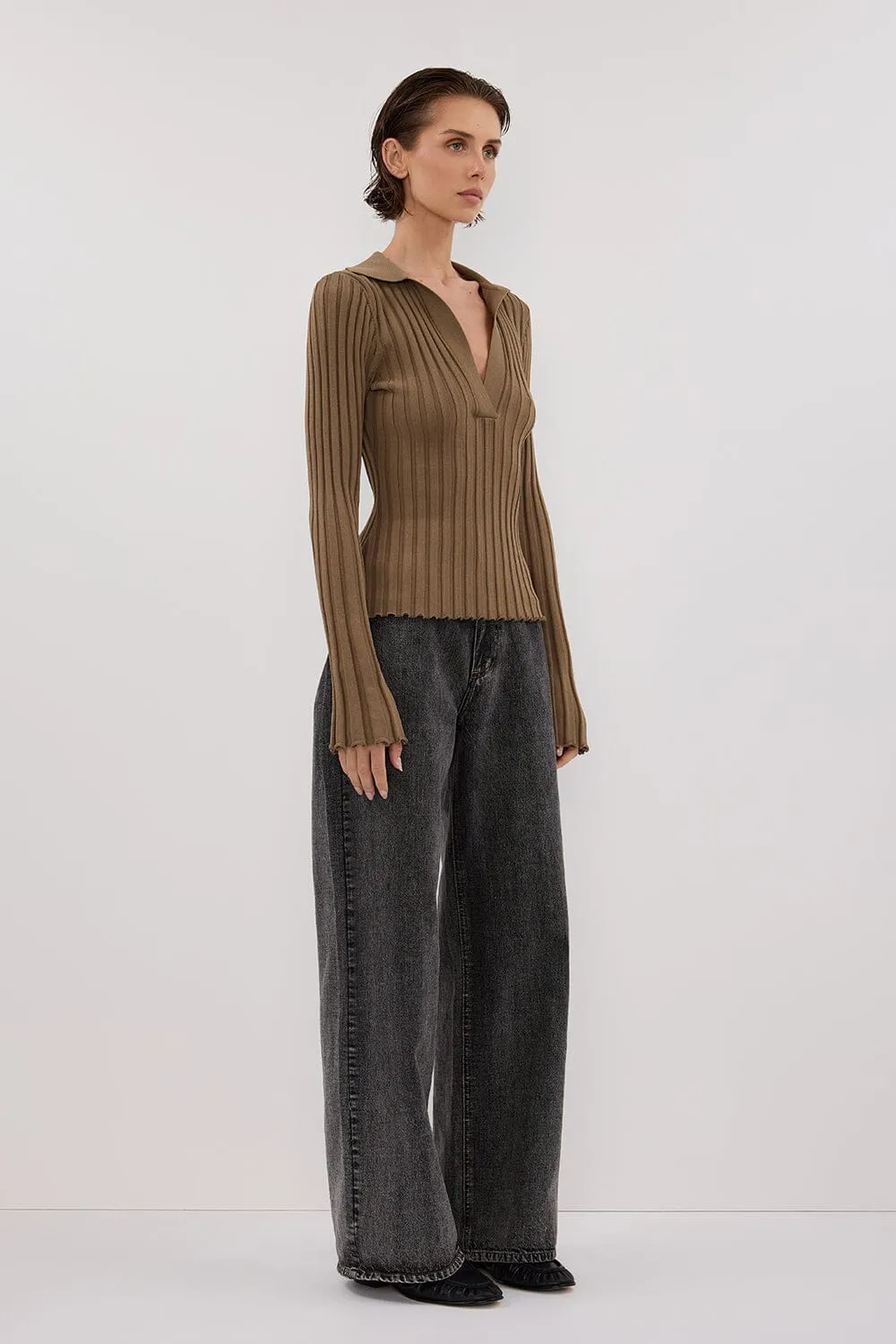 HAL OLIVE POLO LONG SLEEVE KNIT TOP