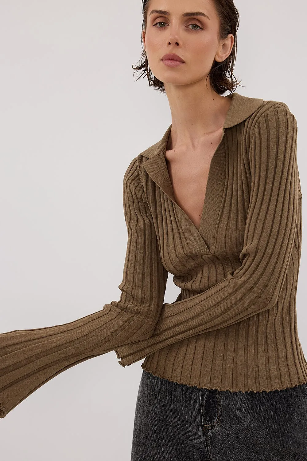 HAL OLIVE POLO LONG SLEEVE KNIT TOP