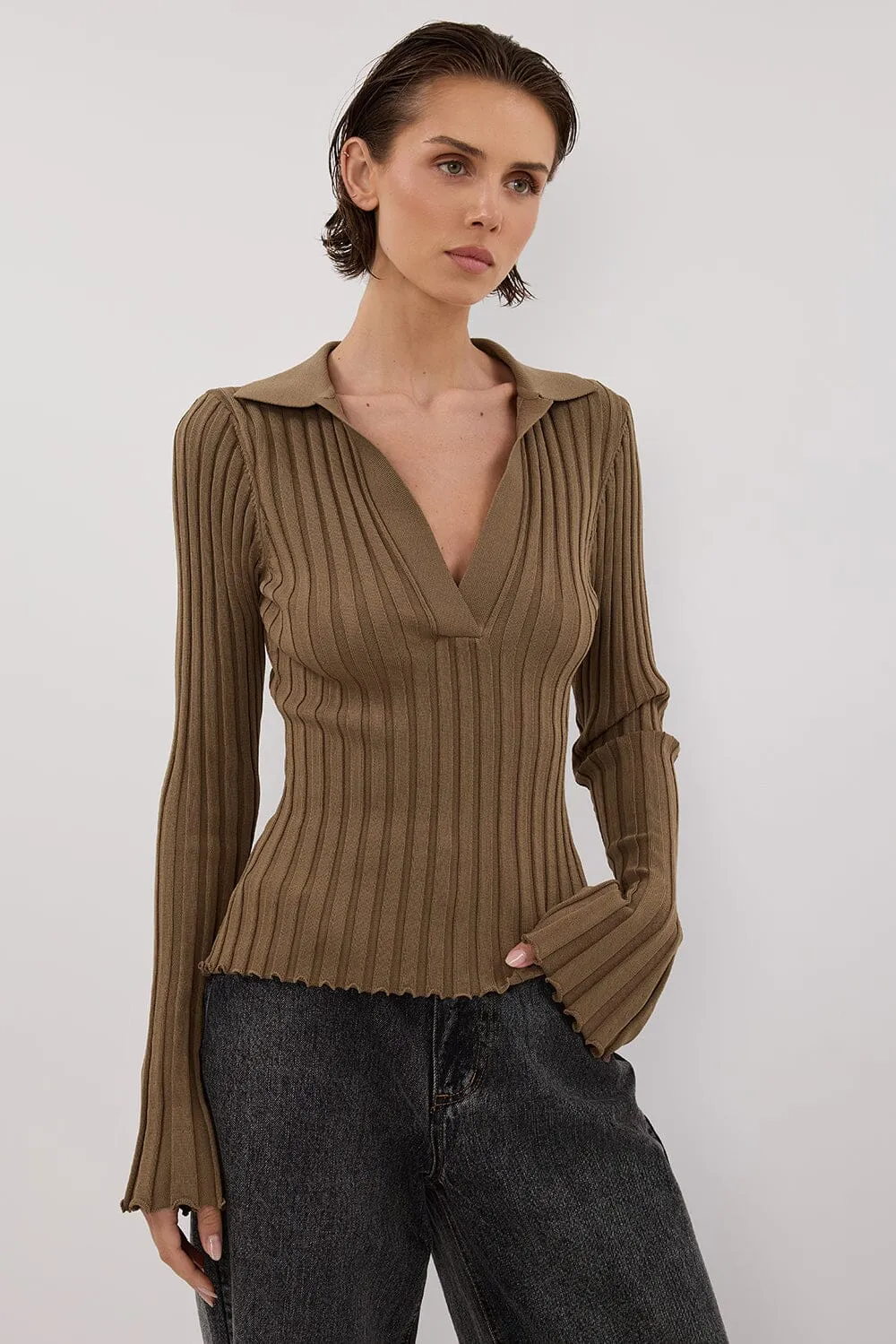 HAL OLIVE POLO LONG SLEEVE KNIT TOP