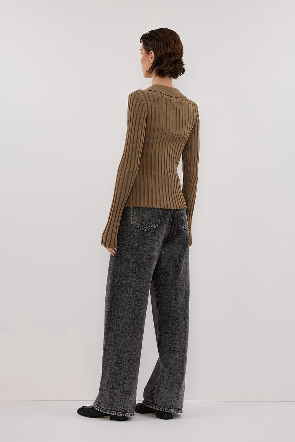 HAL OLIVE POLO LONG SLEEVE KNIT TOP