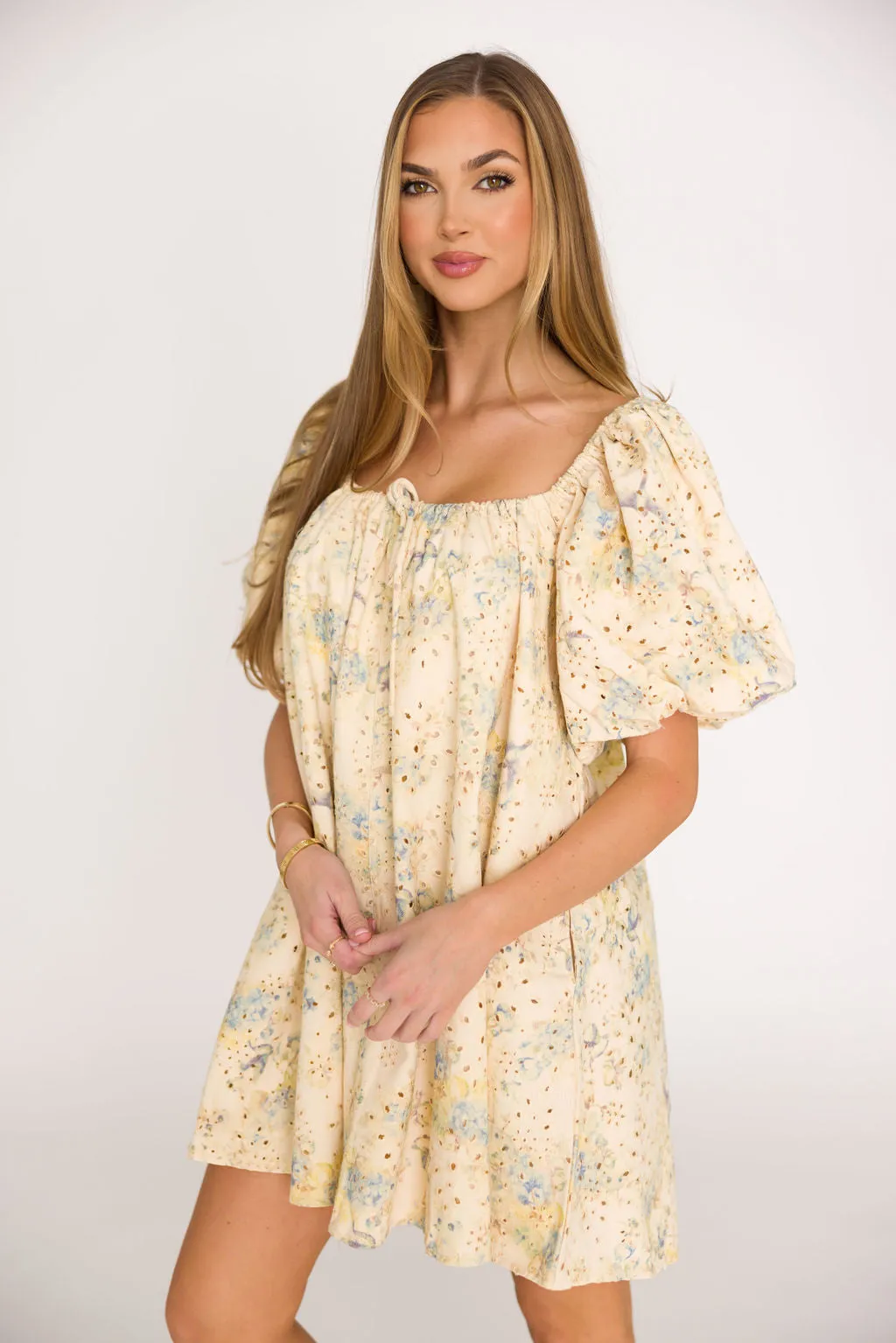 Jennie Floral Print Babydoll Mini Dress in Blue