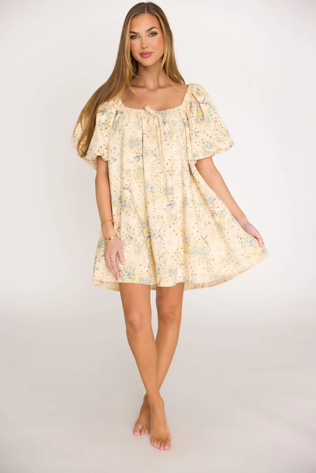 Jennie Floral Print Babydoll Mini Dress in Blue
