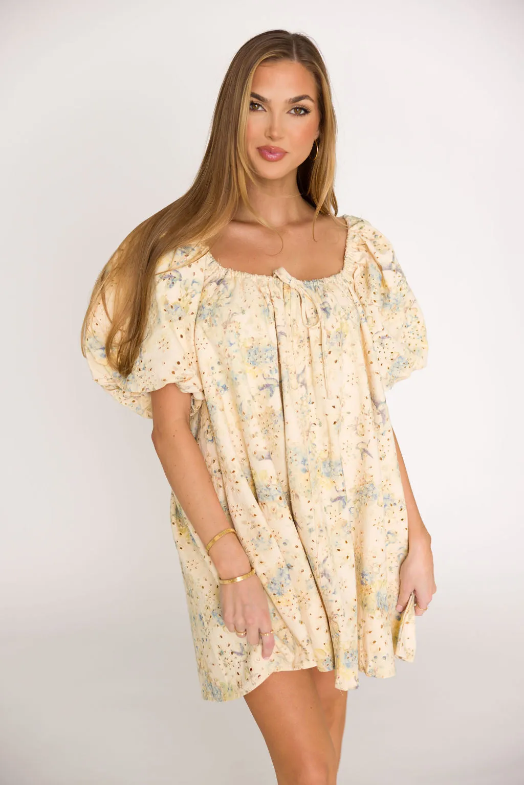 Jennie Floral Print Babydoll Mini Dress in Blue