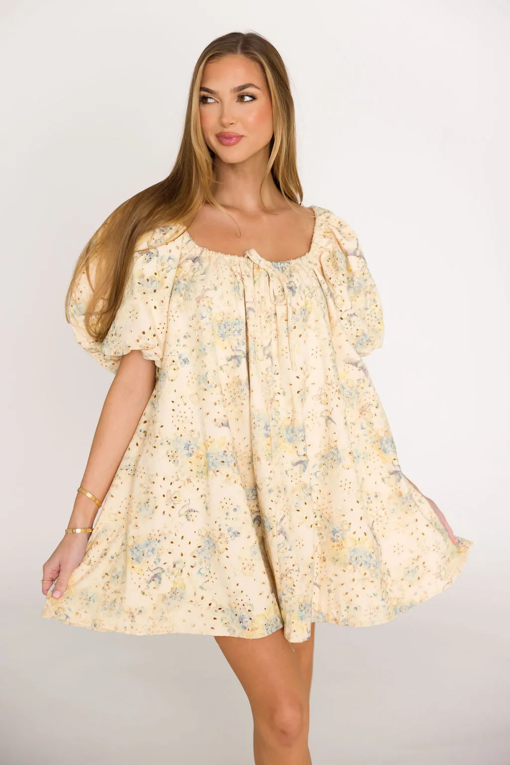 Jennie Floral Print Babydoll Mini Dress in Blue