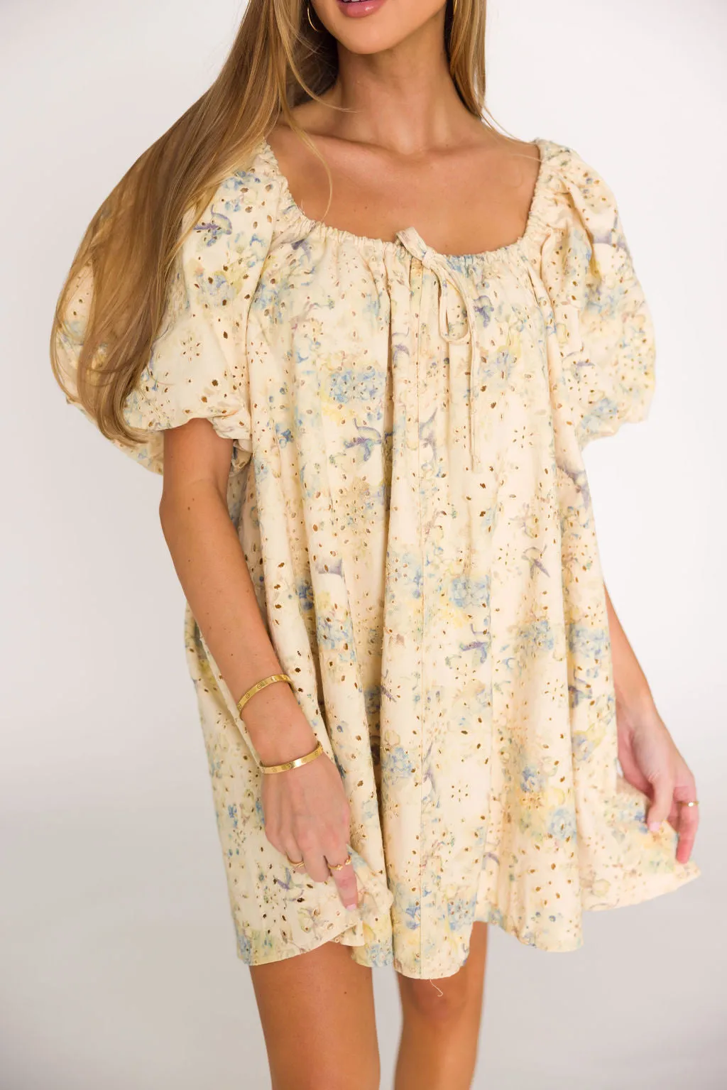 Jennie Floral Print Babydoll Mini Dress in Blue
