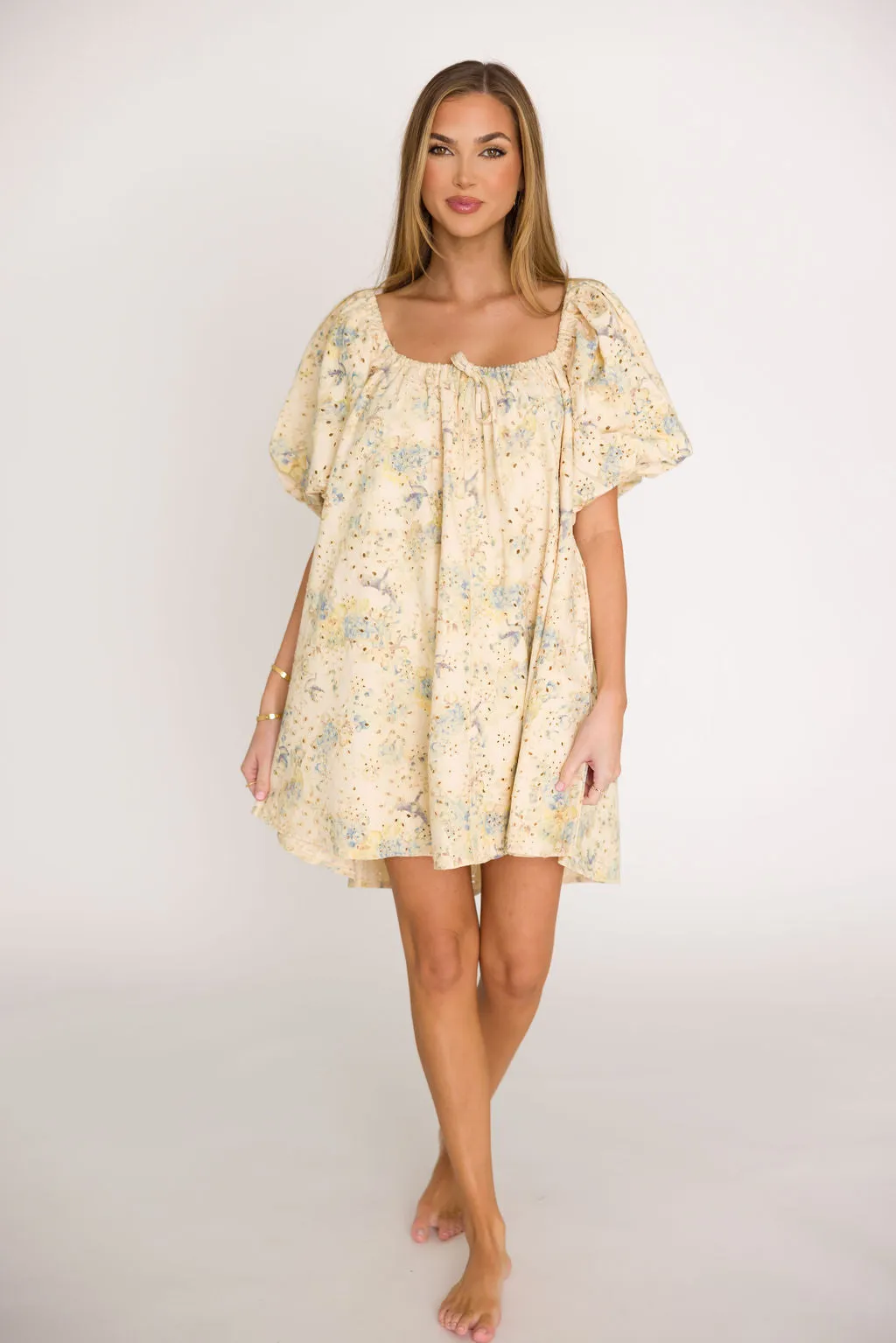 Jennie Floral Print Babydoll Mini Dress in Blue