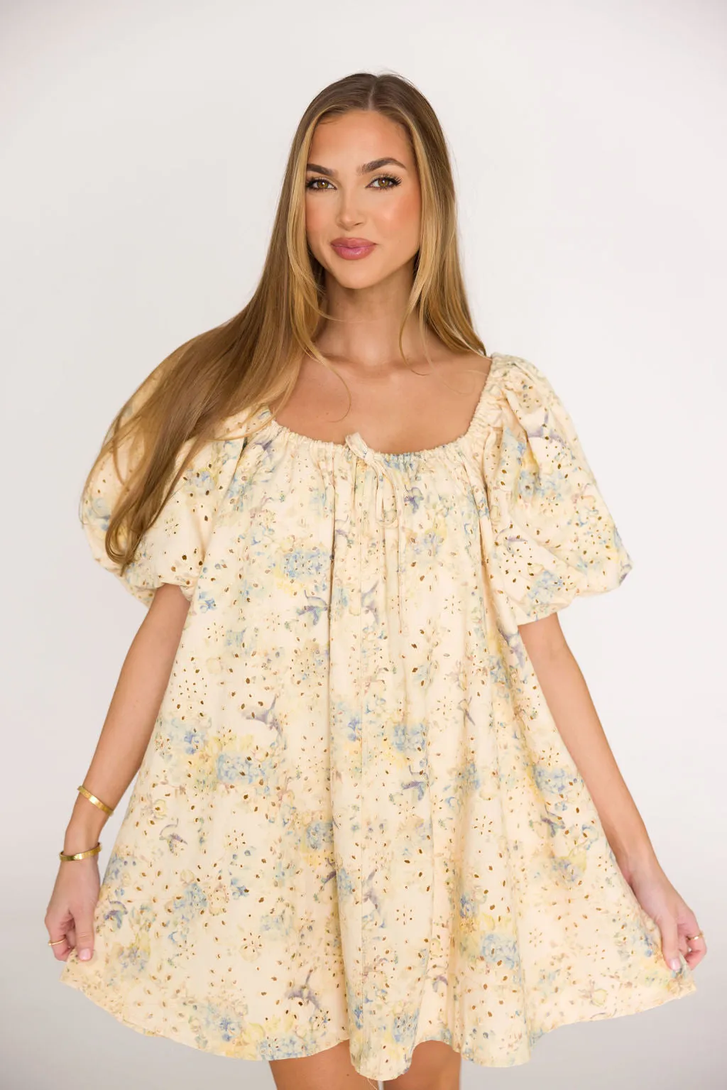 Jennie Floral Print Babydoll Mini Dress in Blue