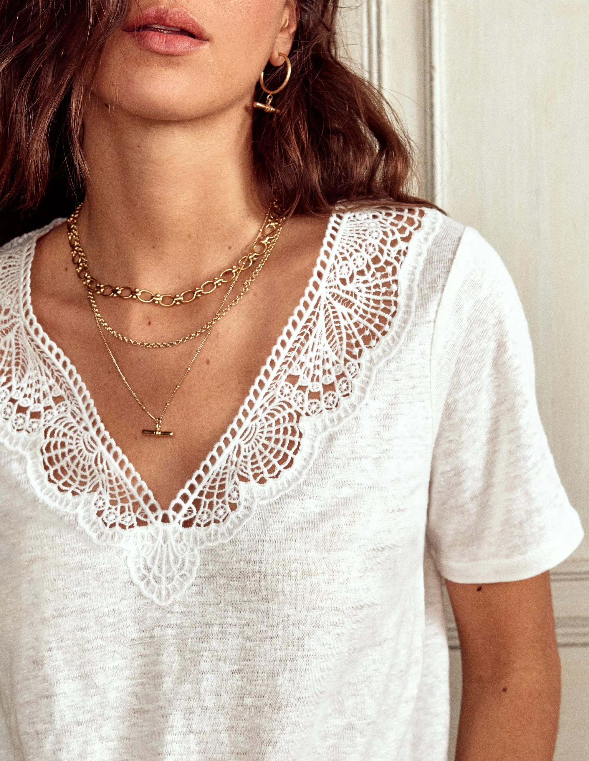 Lace Trim Linen T-shirt-Ivory