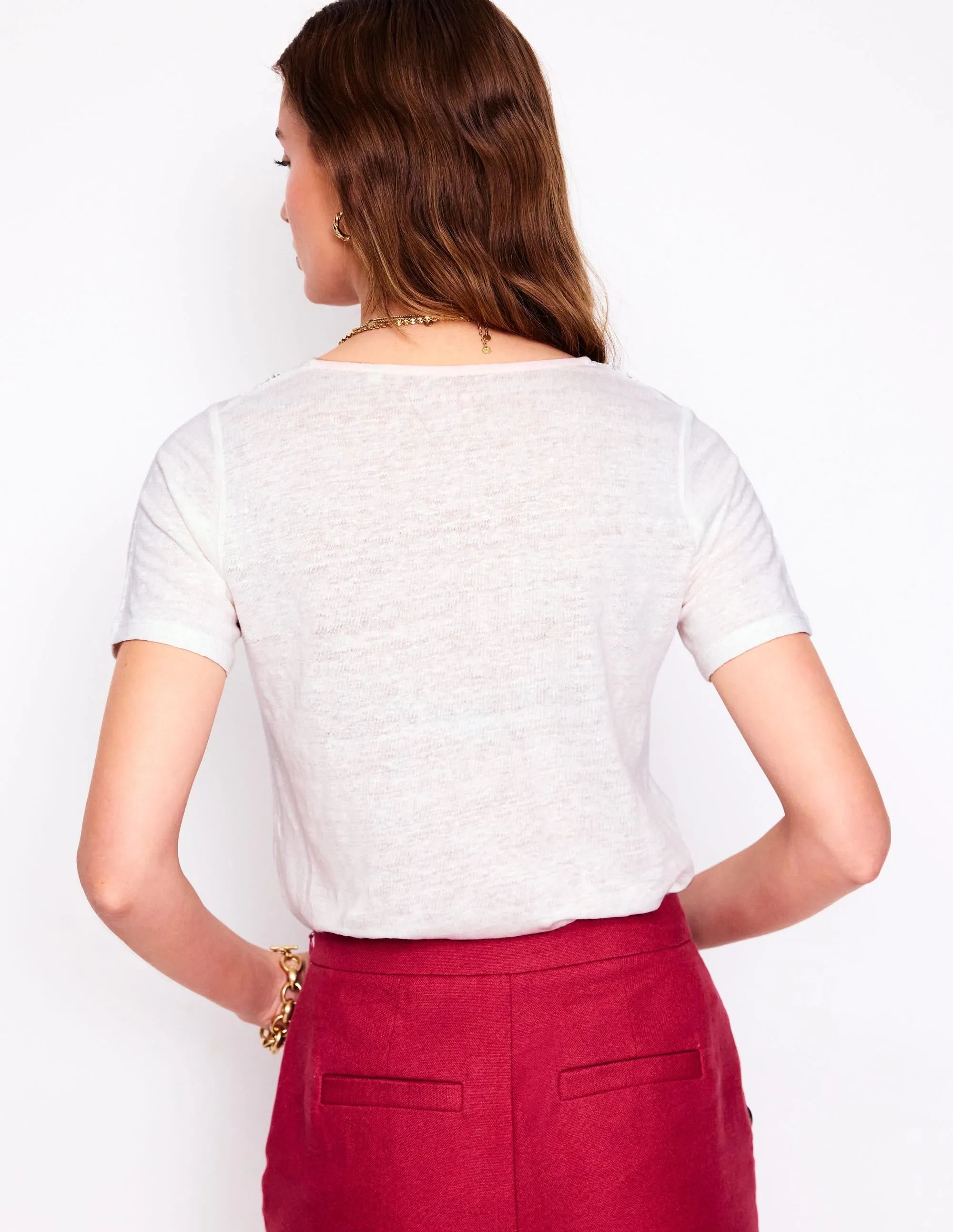 Lace Trim Linen T-shirt-Ivory