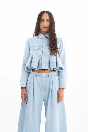LIGHT BLUE DENIM CROPPED FLOUNCE JACKET