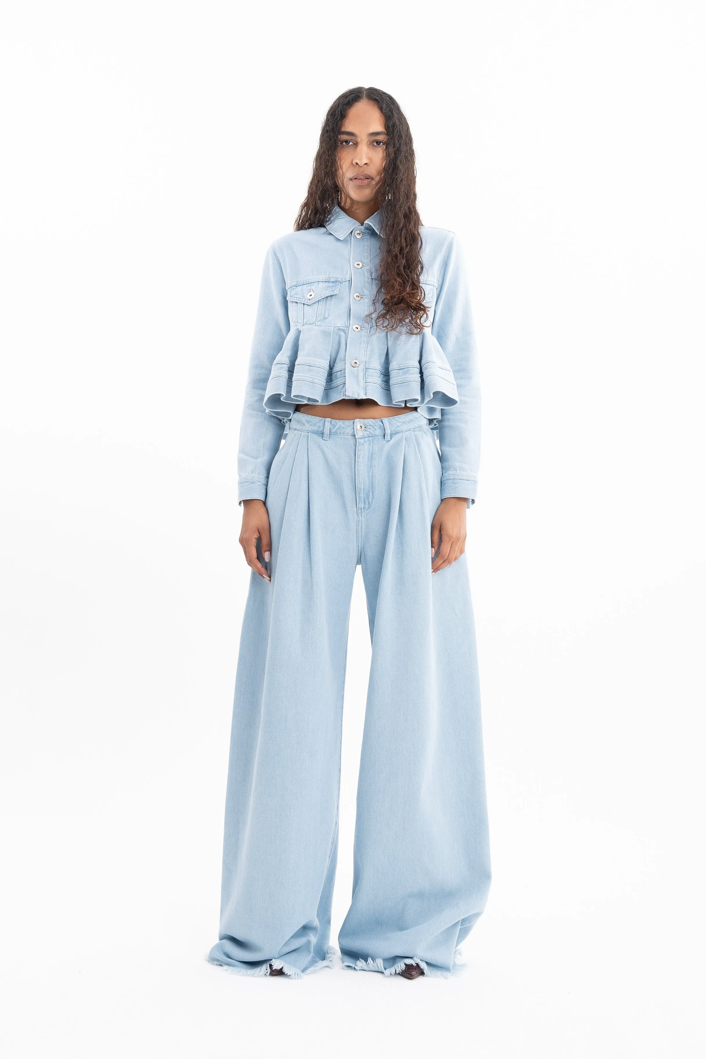 LIGHT BLUE DENIM CROPPED FLOUNCE JACKET