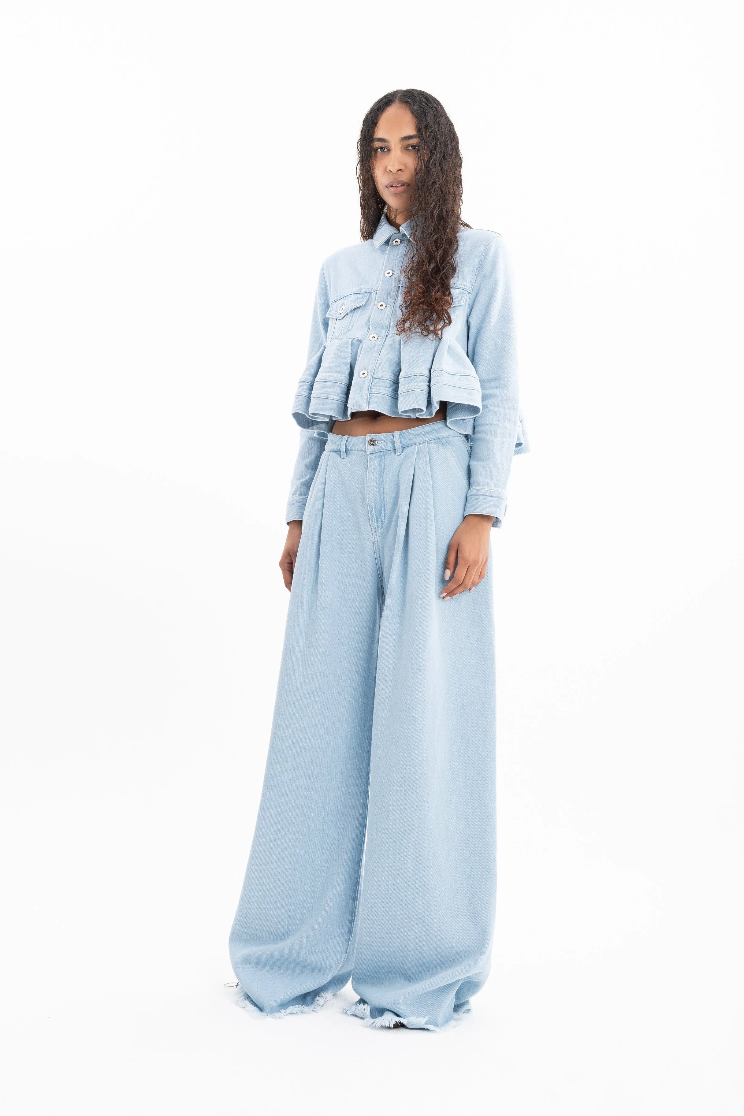 LIGHT BLUE DENIM CROPPED FLOUNCE JACKET