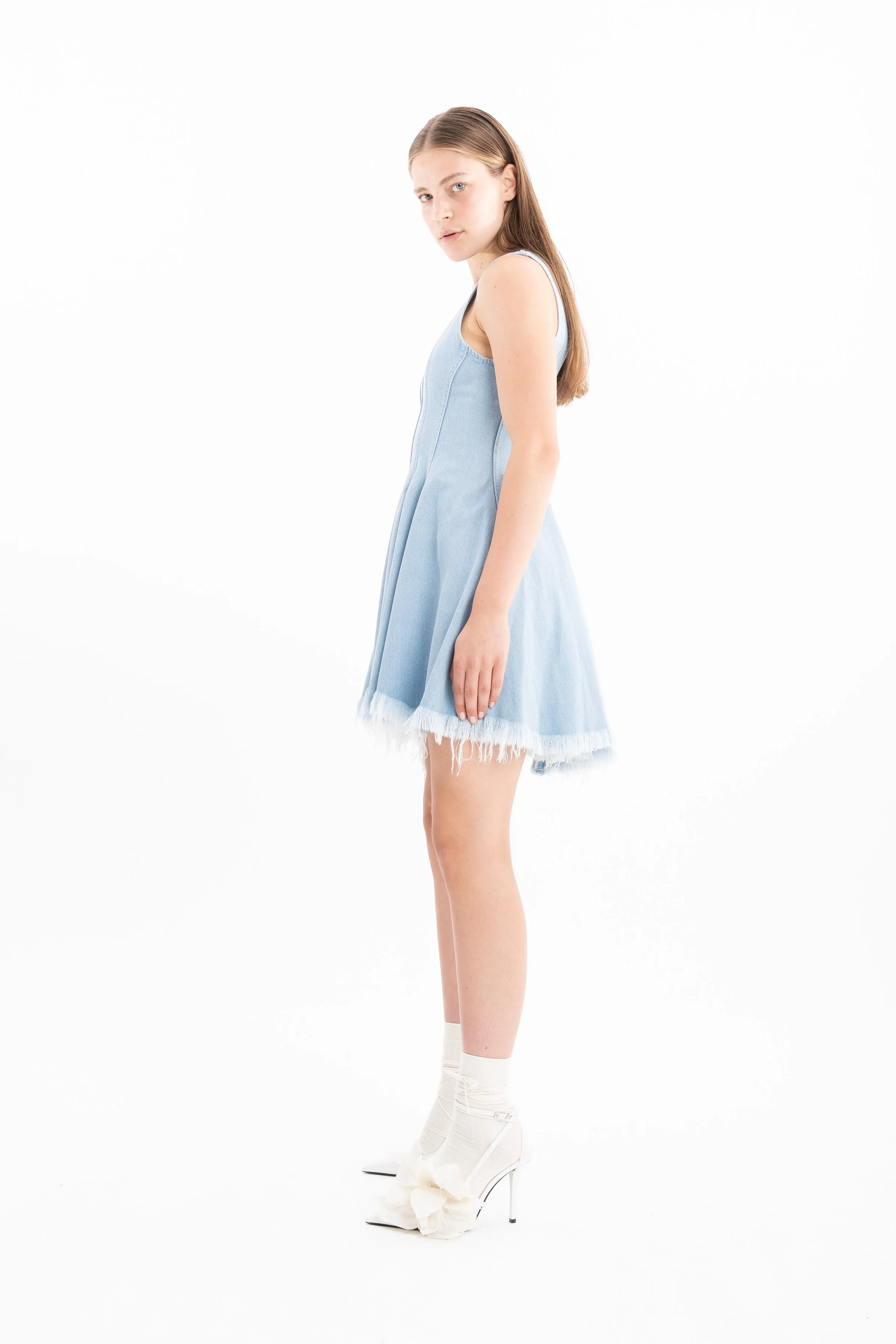 LIGHT BLUE DENIM RACER SHAPE FLOUNCE MINI DRESS