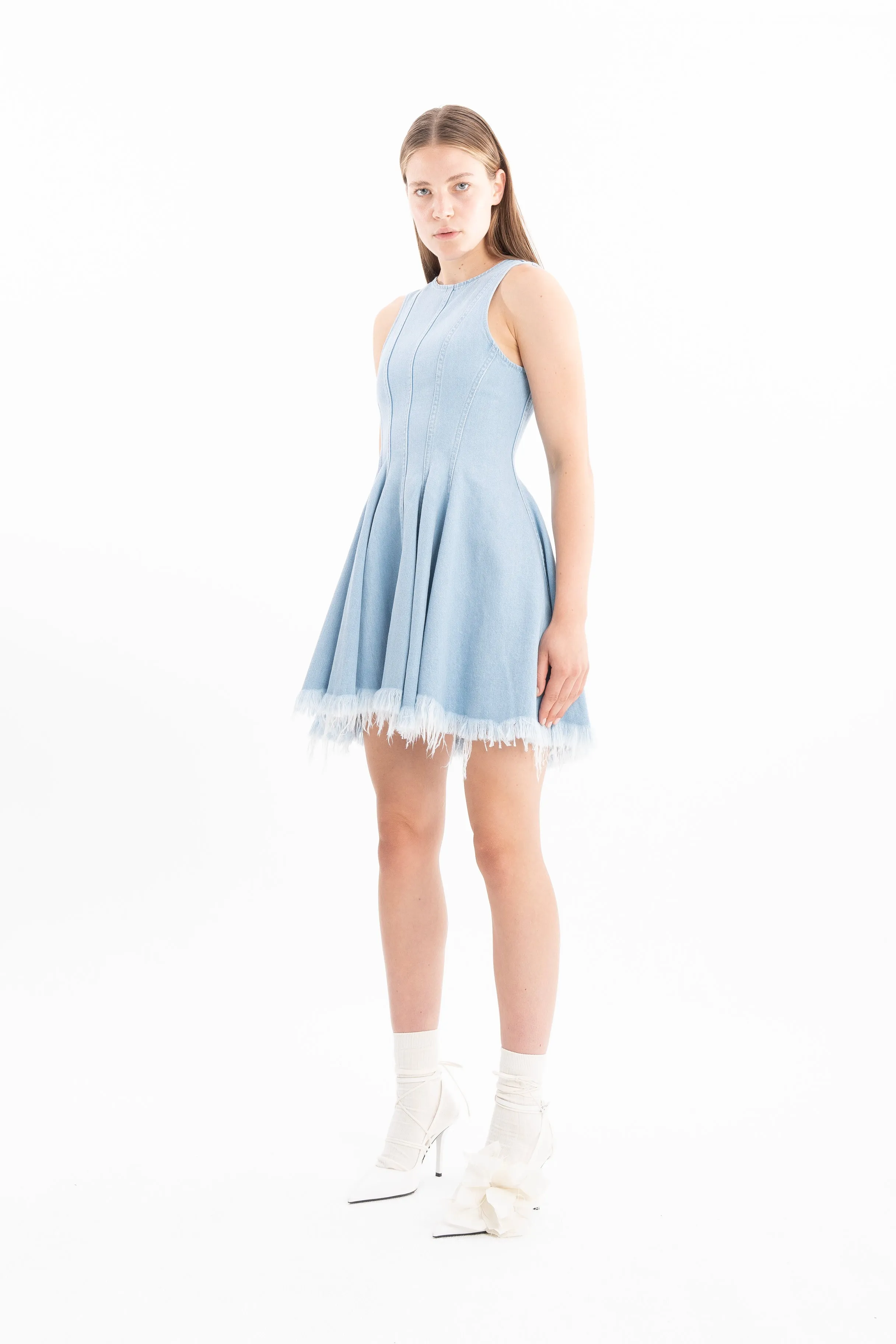 LIGHT BLUE DENIM RACER SHAPE FLOUNCE MINI DRESS