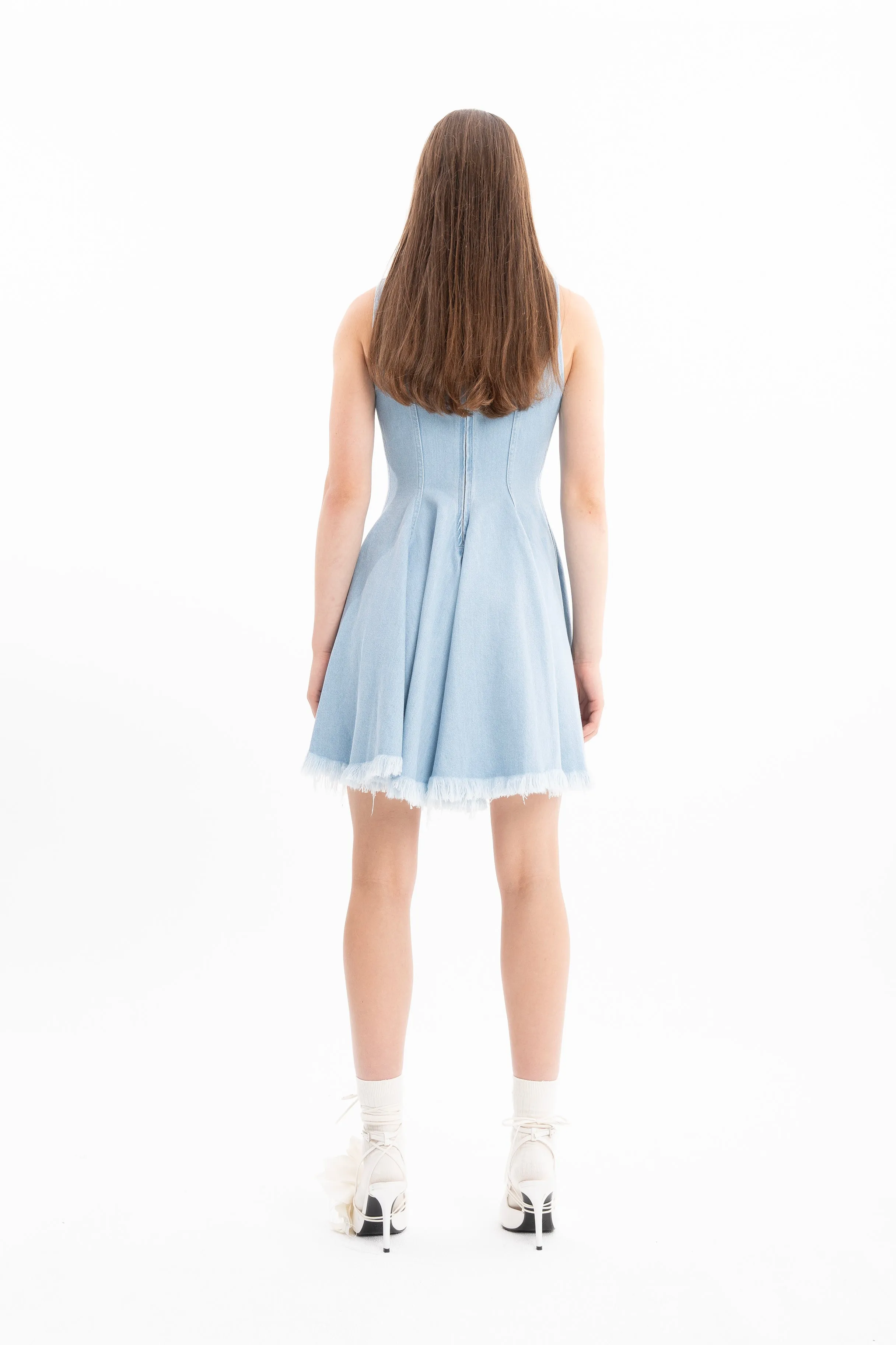 LIGHT BLUE DENIM RACER SHAPE FLOUNCE MINI DRESS