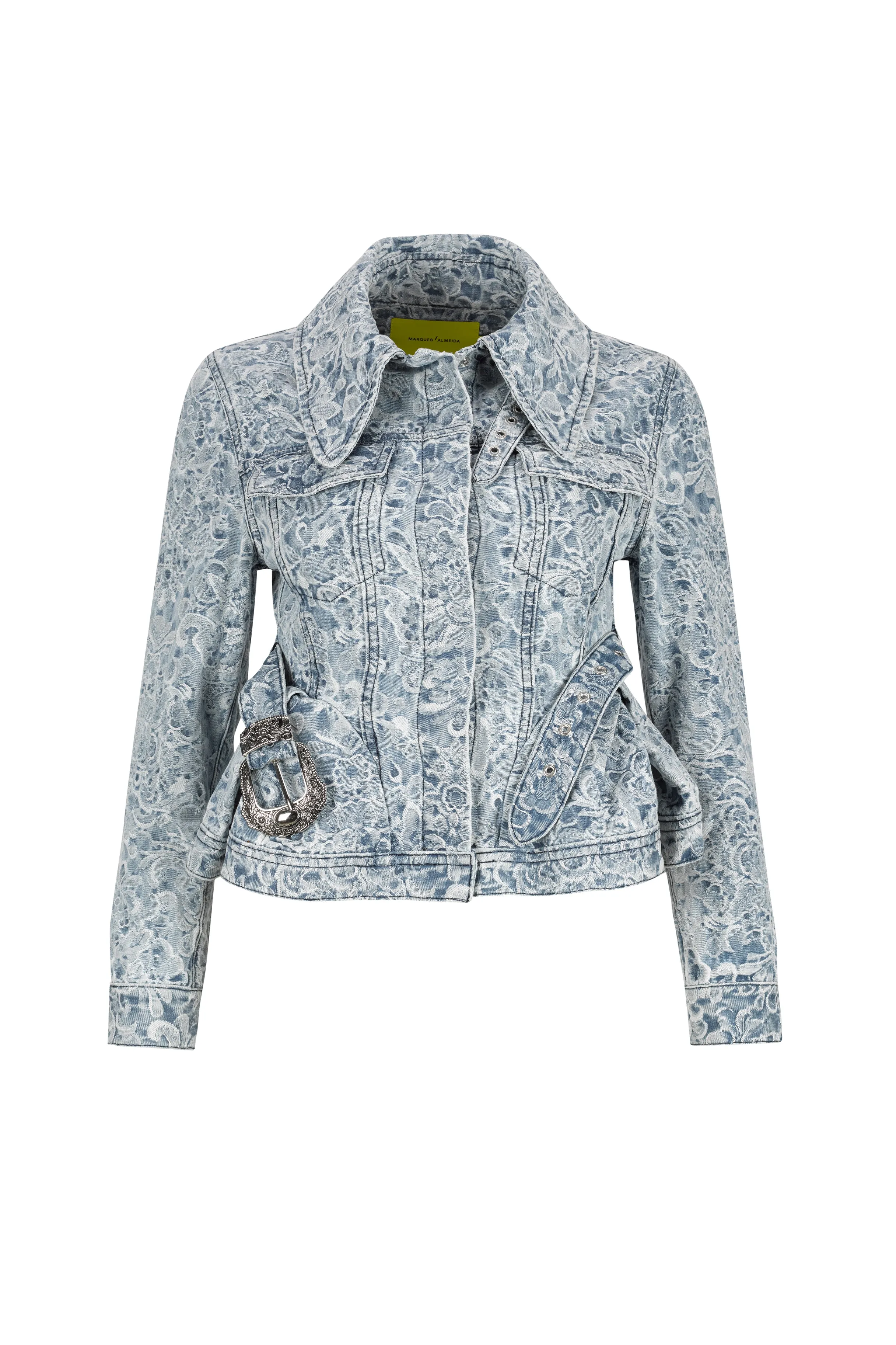 LIGHT BLUE FITTED JACKET WITH EMBELLISHMENT BELT