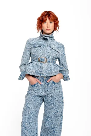 LIGHT BLUE FITTED JACKET WITH EMBELLISHMENT BELT
