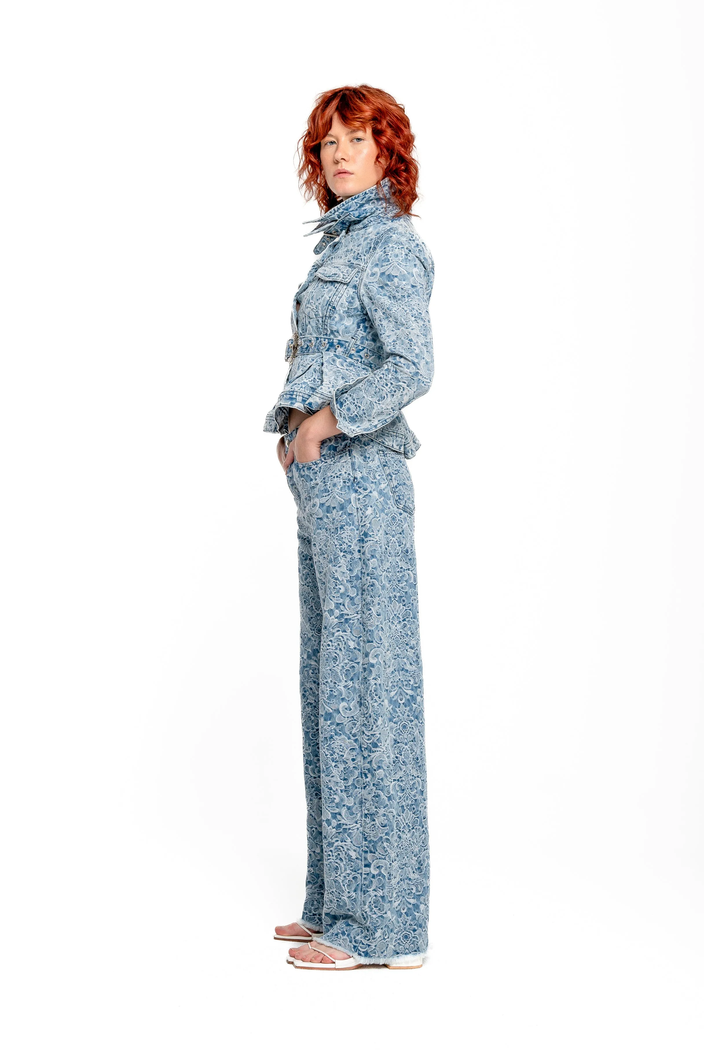 LIGHT BLUE FITTED JACKET WITH EMBELLISHMENT BELT