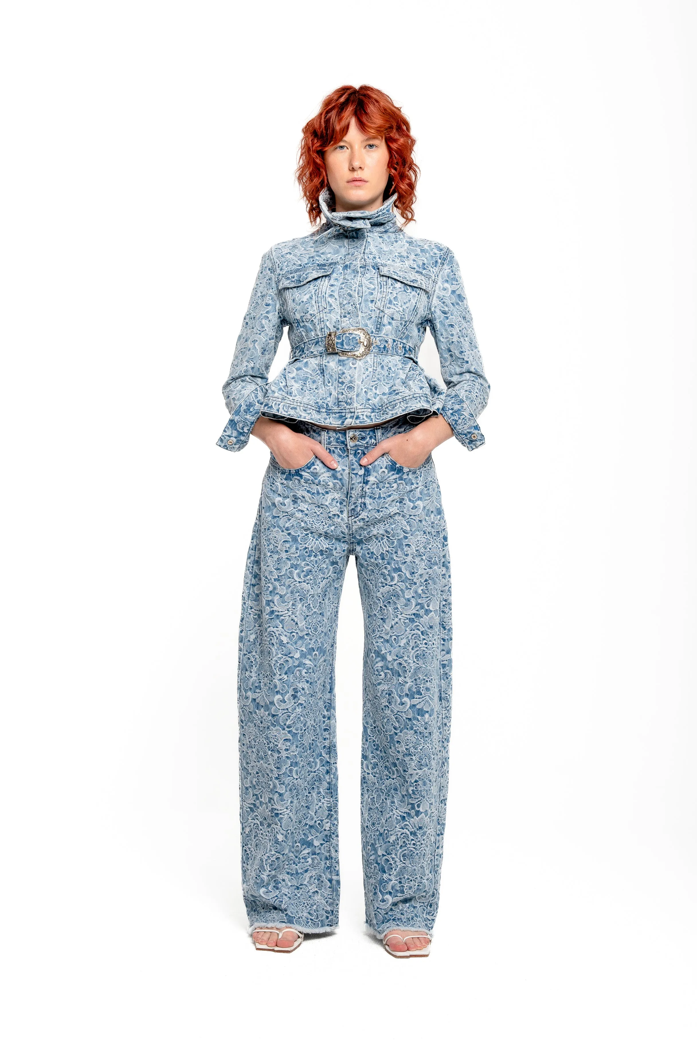 LIGHT BLUE FITTED JACKET WITH EMBELLISHMENT BELT