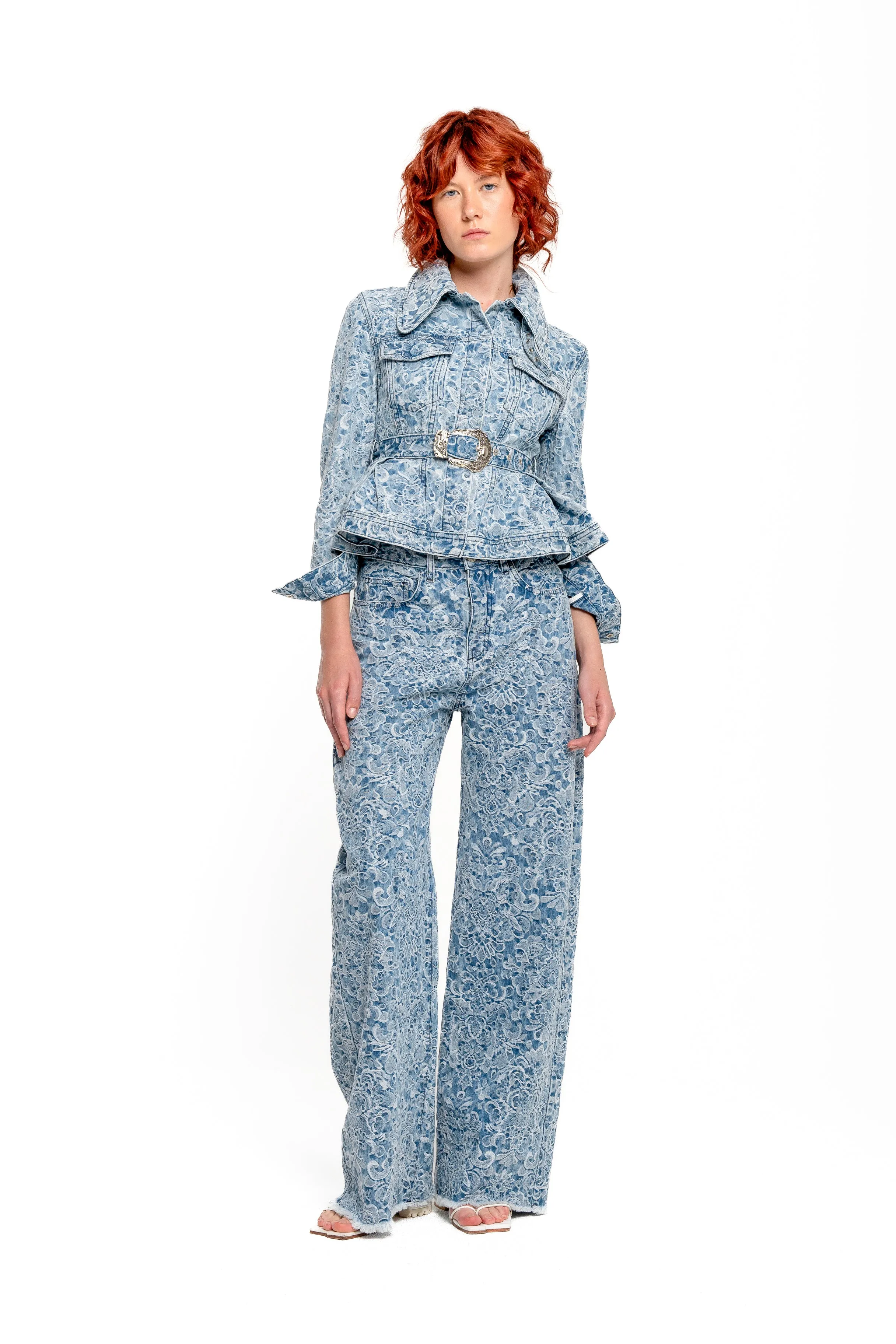 LIGHT BLUE FITTED JACKET WITH EMBELLISHMENT BELT
