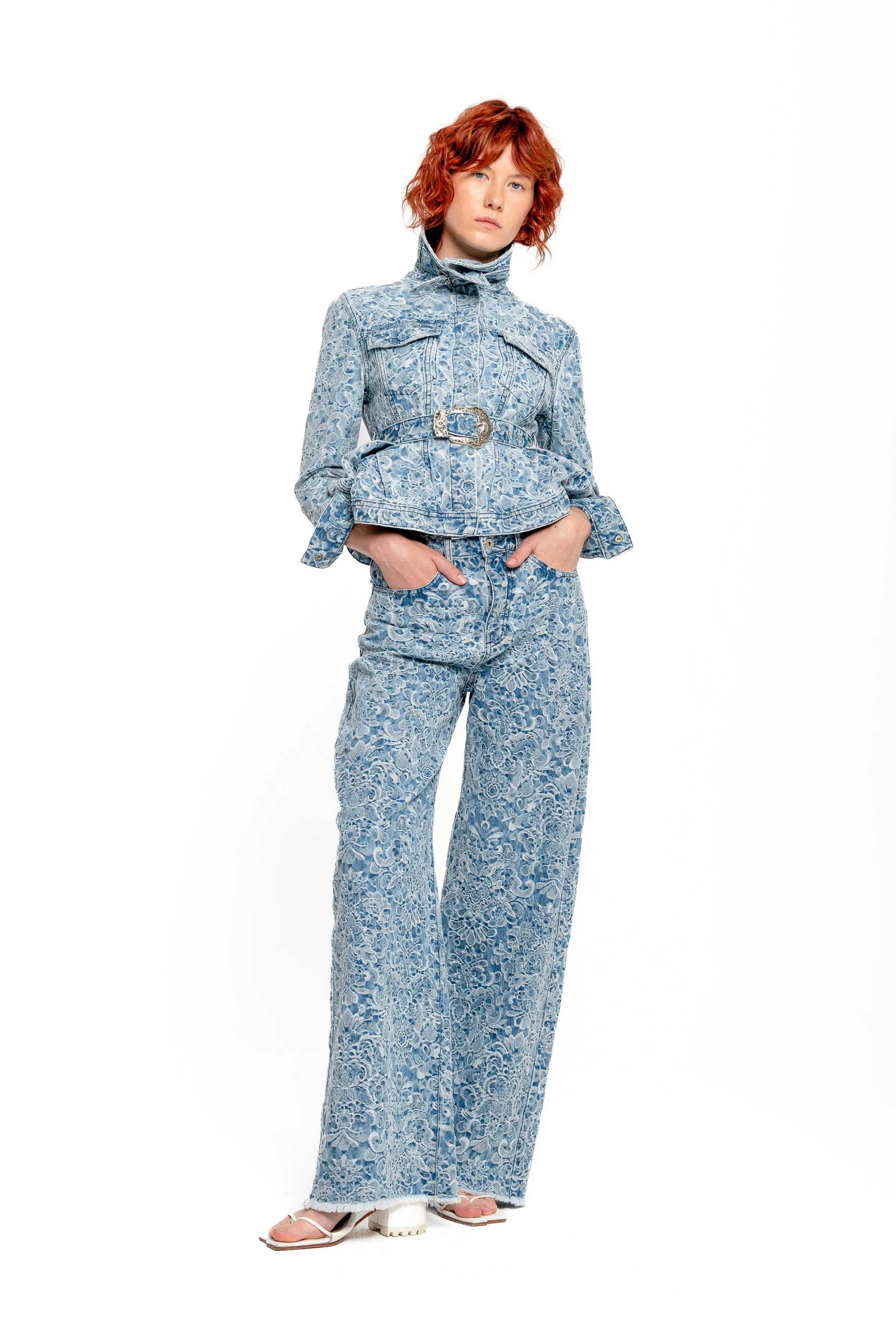 LIGHT BLUE FITTED JACKET WITH EMBELLISHMENT BELT