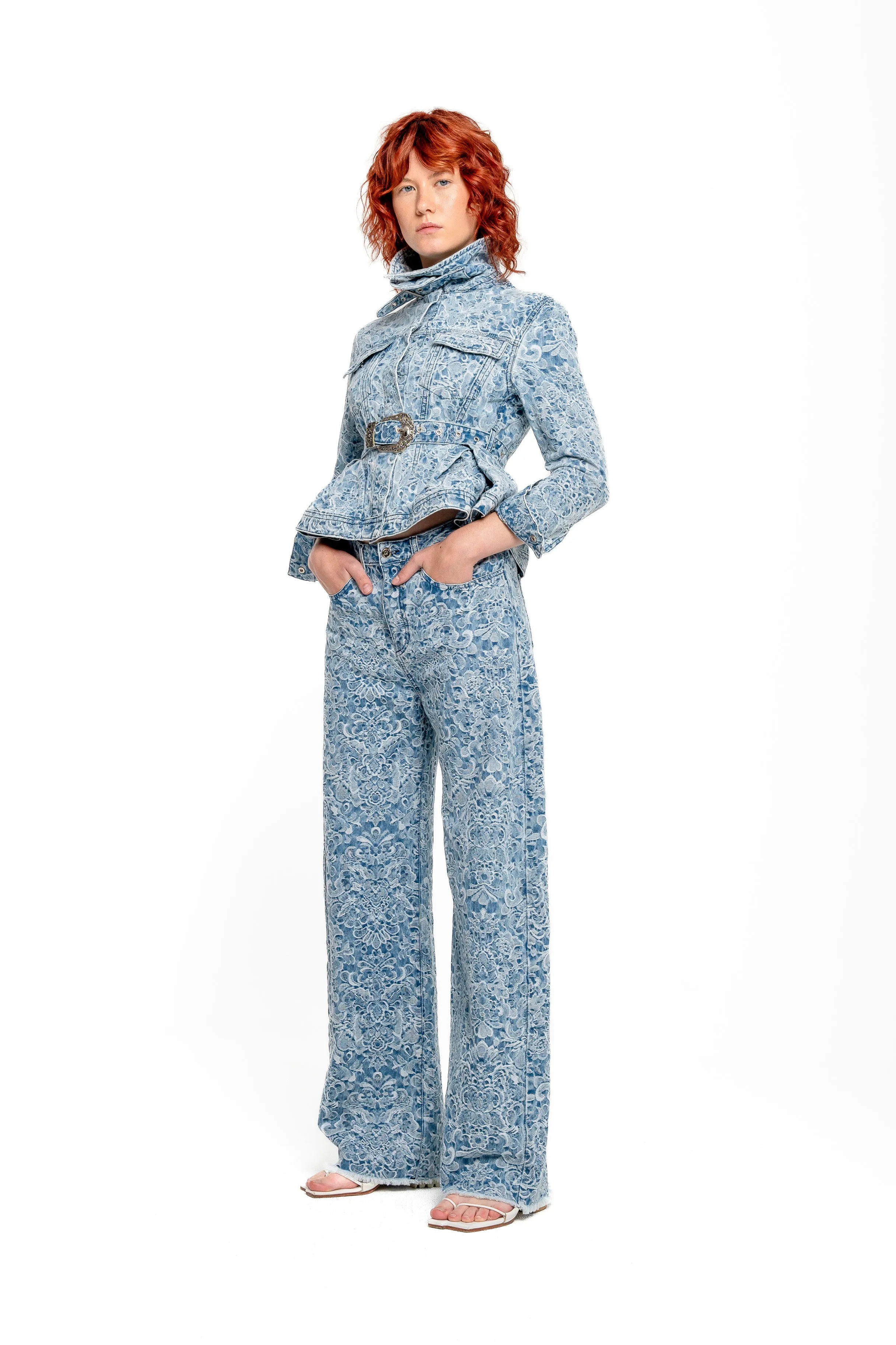 LIGHT BLUE FITTED JACKET WITH EMBELLISHMENT BELT
