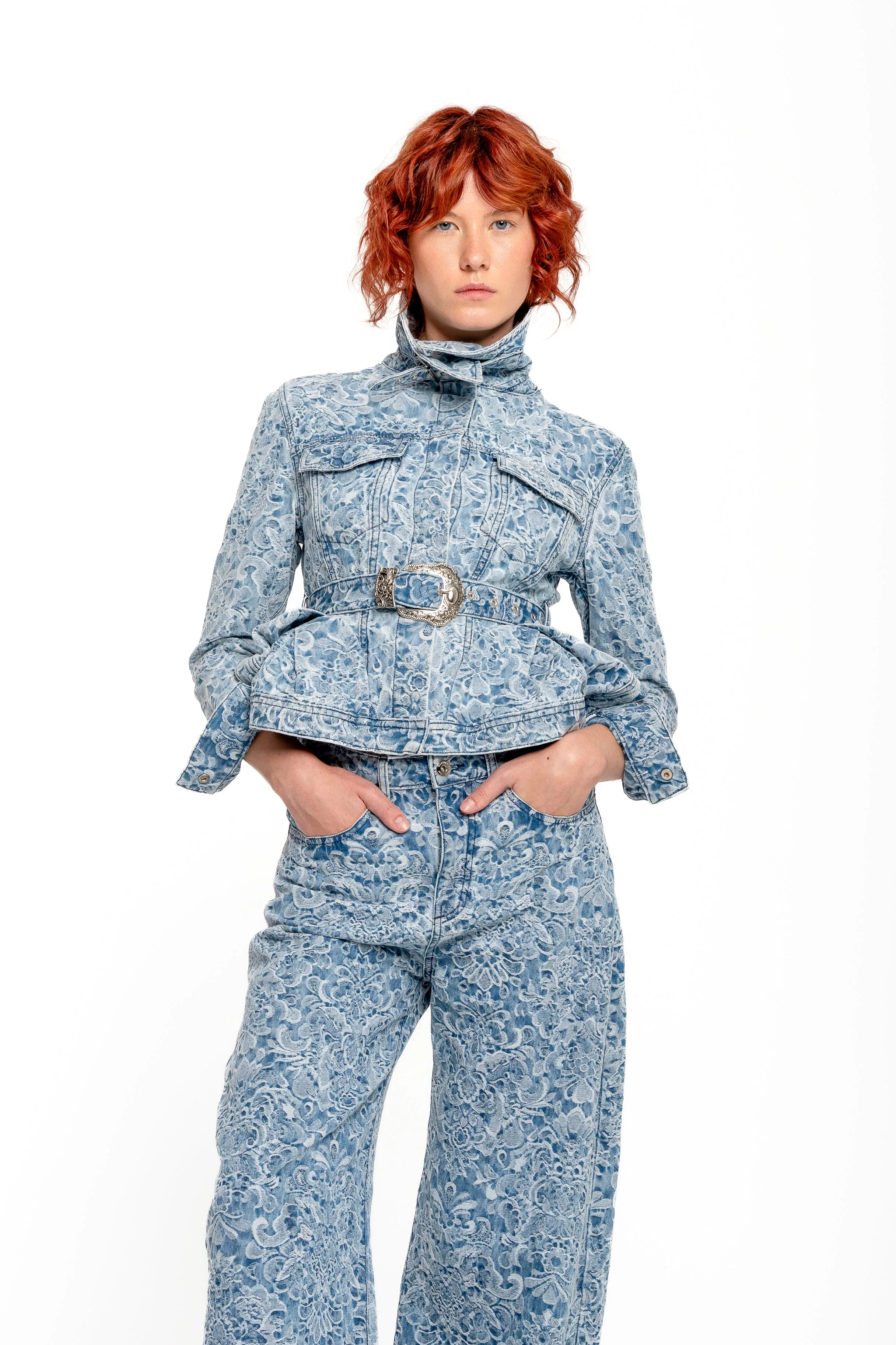 LIGHT BLUE FITTED JACKET WITH EMBELLISHMENT BELT