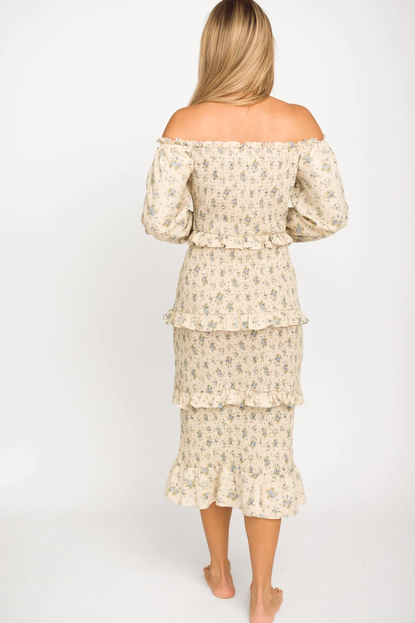 Lila Floral Printed Smocked Midi Dress in Blue - Bump Friendly