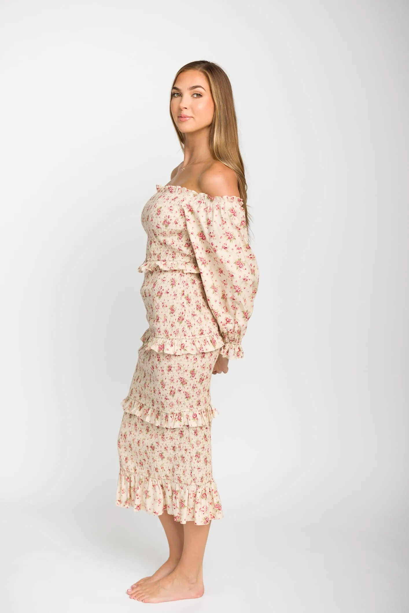 Lila Floral Printed Smocked Midi Dress in Pink - Bump Friendly