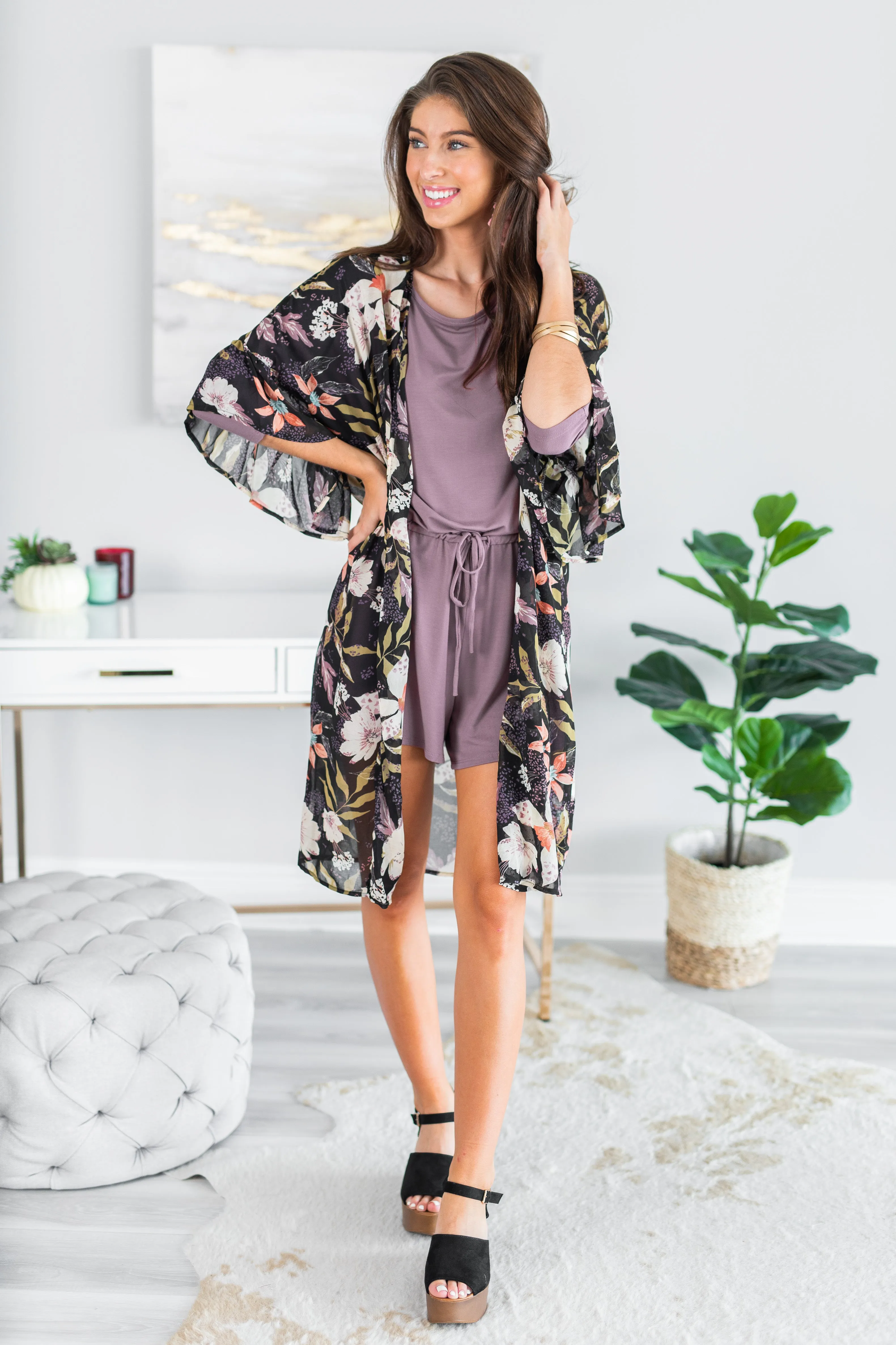 Looking For Fun Black Floral Kimono