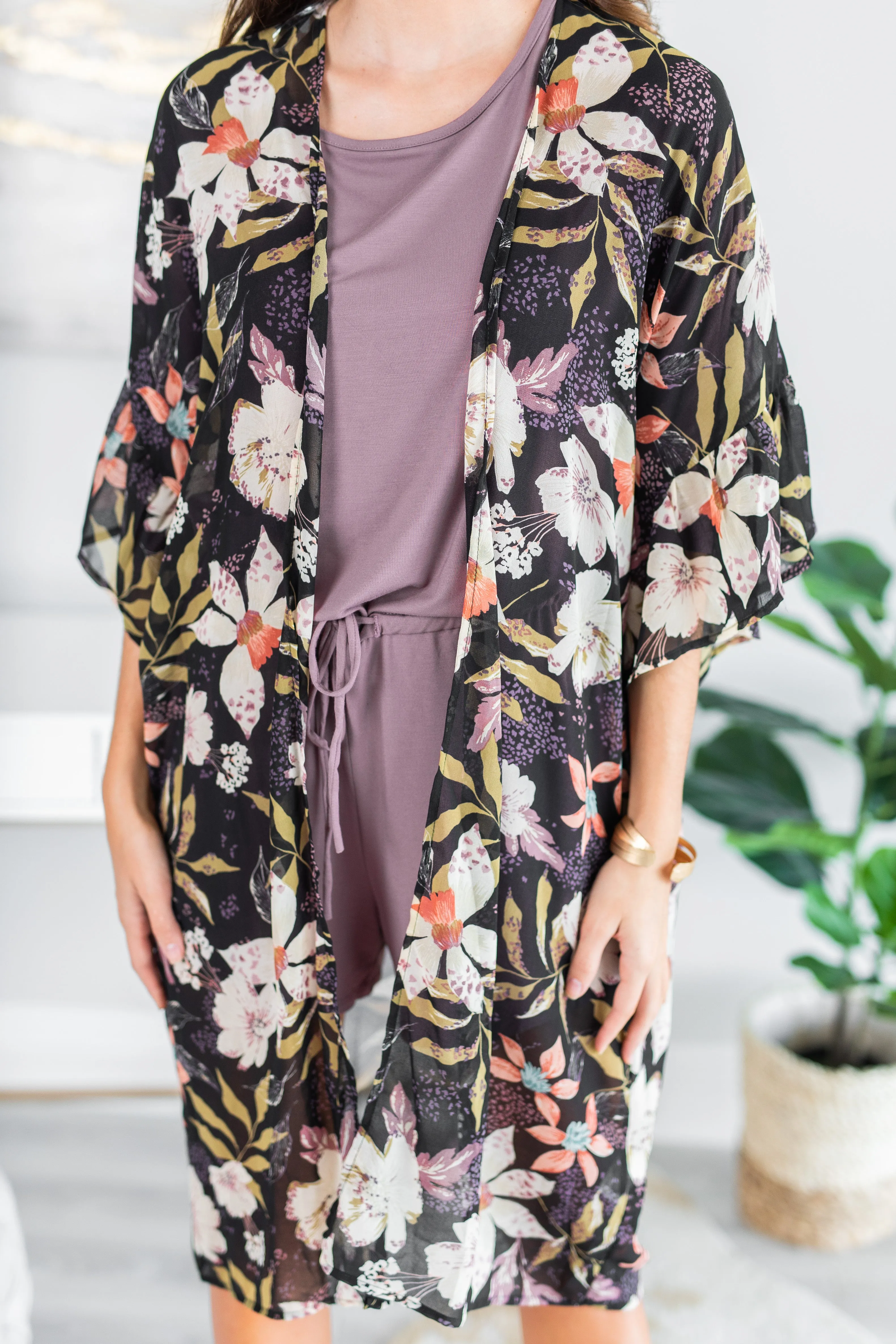 Looking For Fun Black Floral Kimono