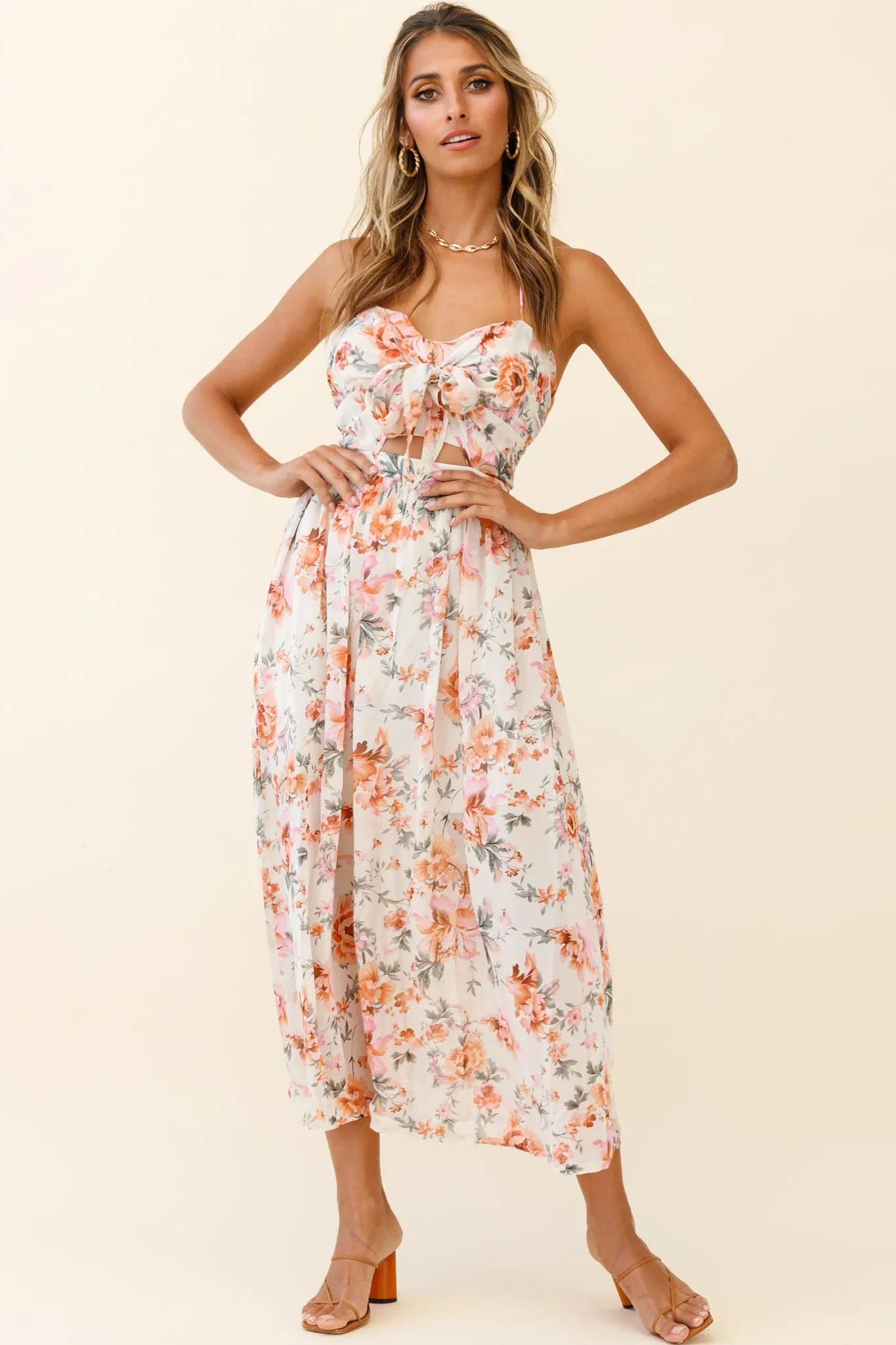 Los Feliz Tied Bust Halterneck Midi Dress Floral Print Pink