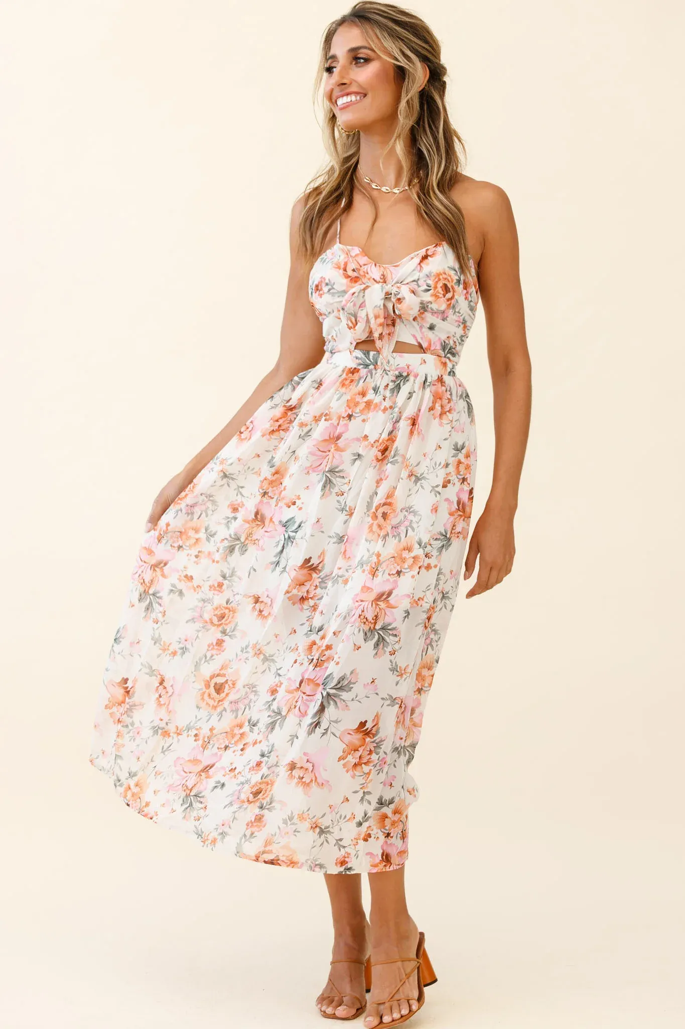 Los Feliz Tied Bust Halterneck Midi Dress Floral Print Pink
