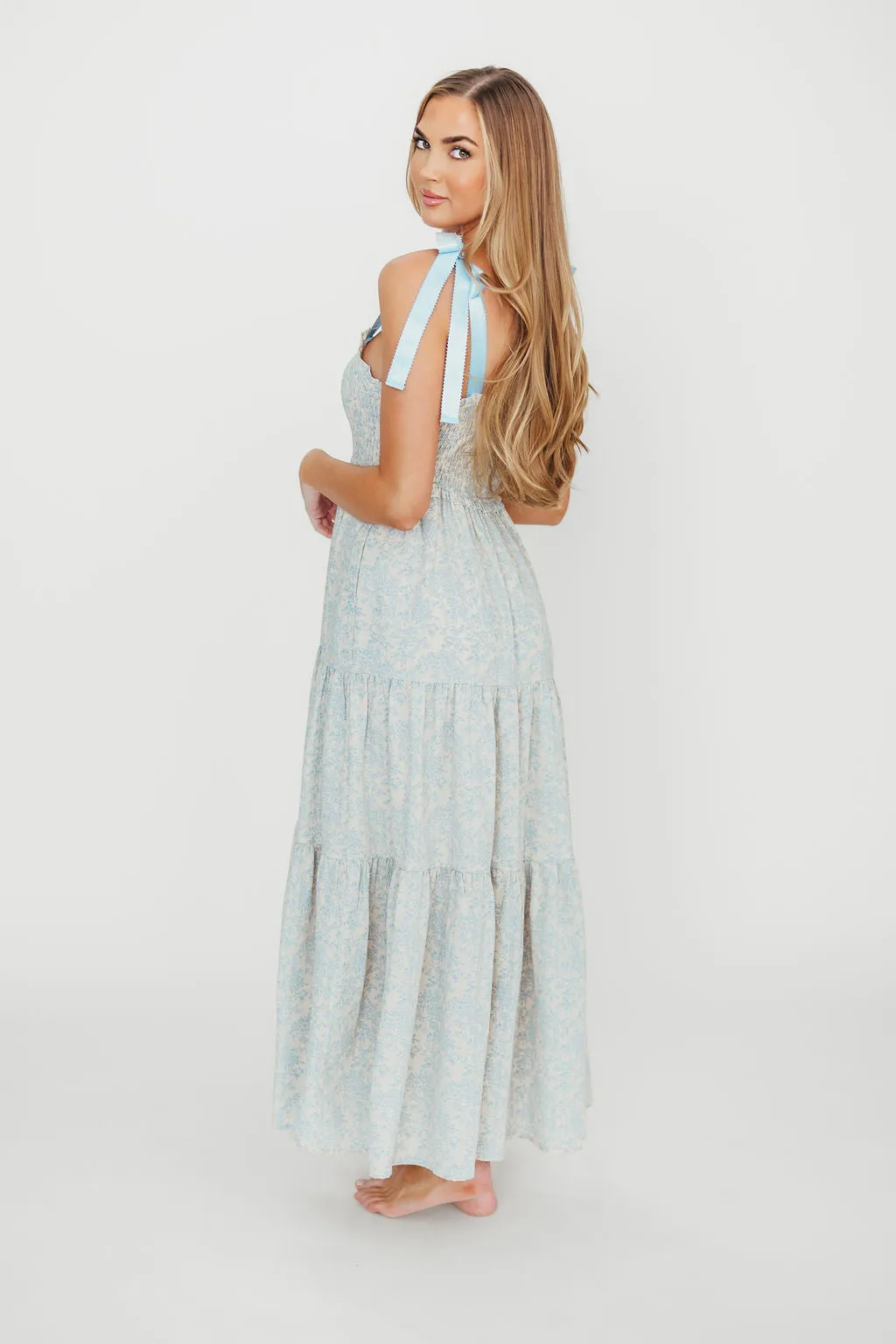 Lottie Tiered Maxi Dress in Blue Floral