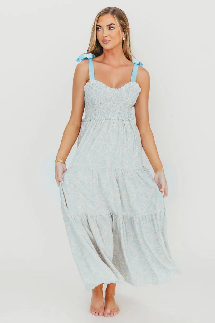 Lottie Tiered Maxi Dress in Blue Floral