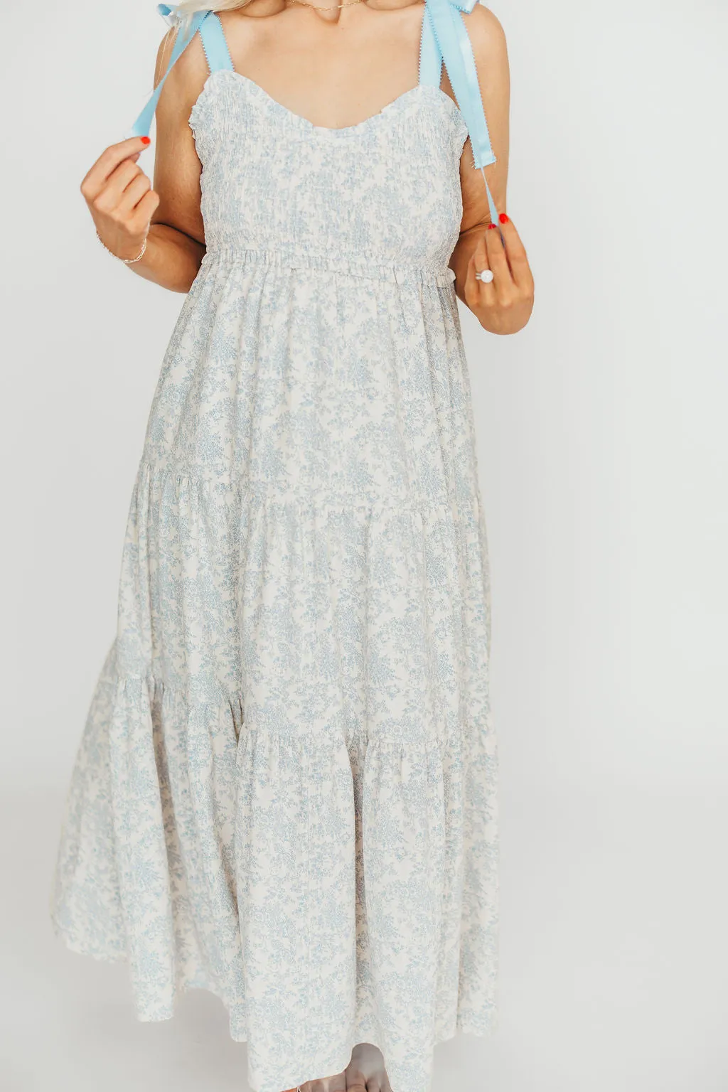 Lottie Tiered Maxi Dress in Blue Floral