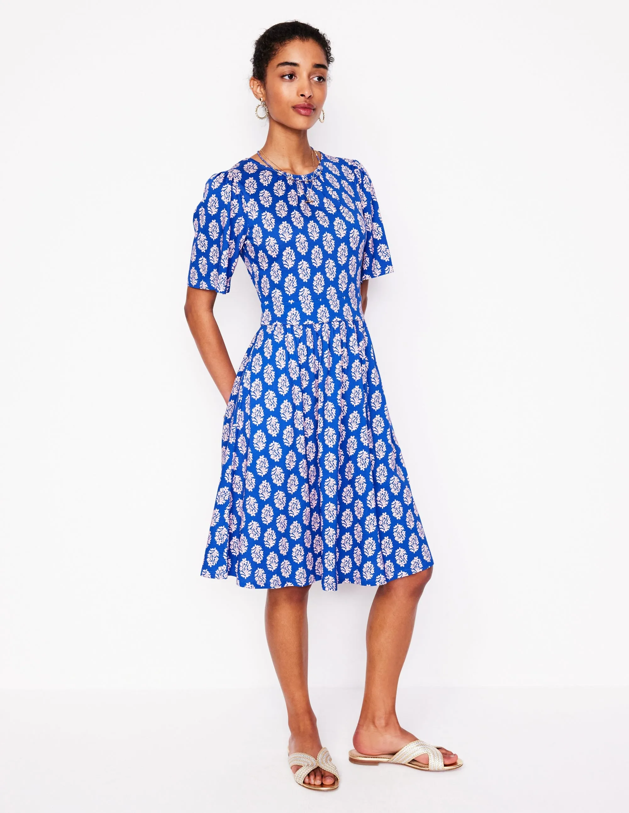 Louisa Short Jersey Dress-Gallery Blue. Posy Stamp