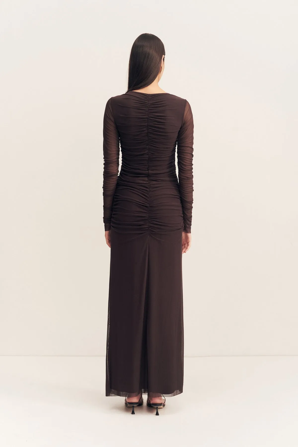 MIRA GATHERED MAXI DRESS - GANACHE