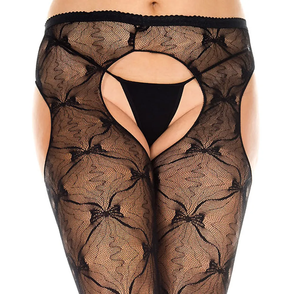 Music Legs Sheer Bow Lace Crotchless Suspender Pantyhose - Curvy